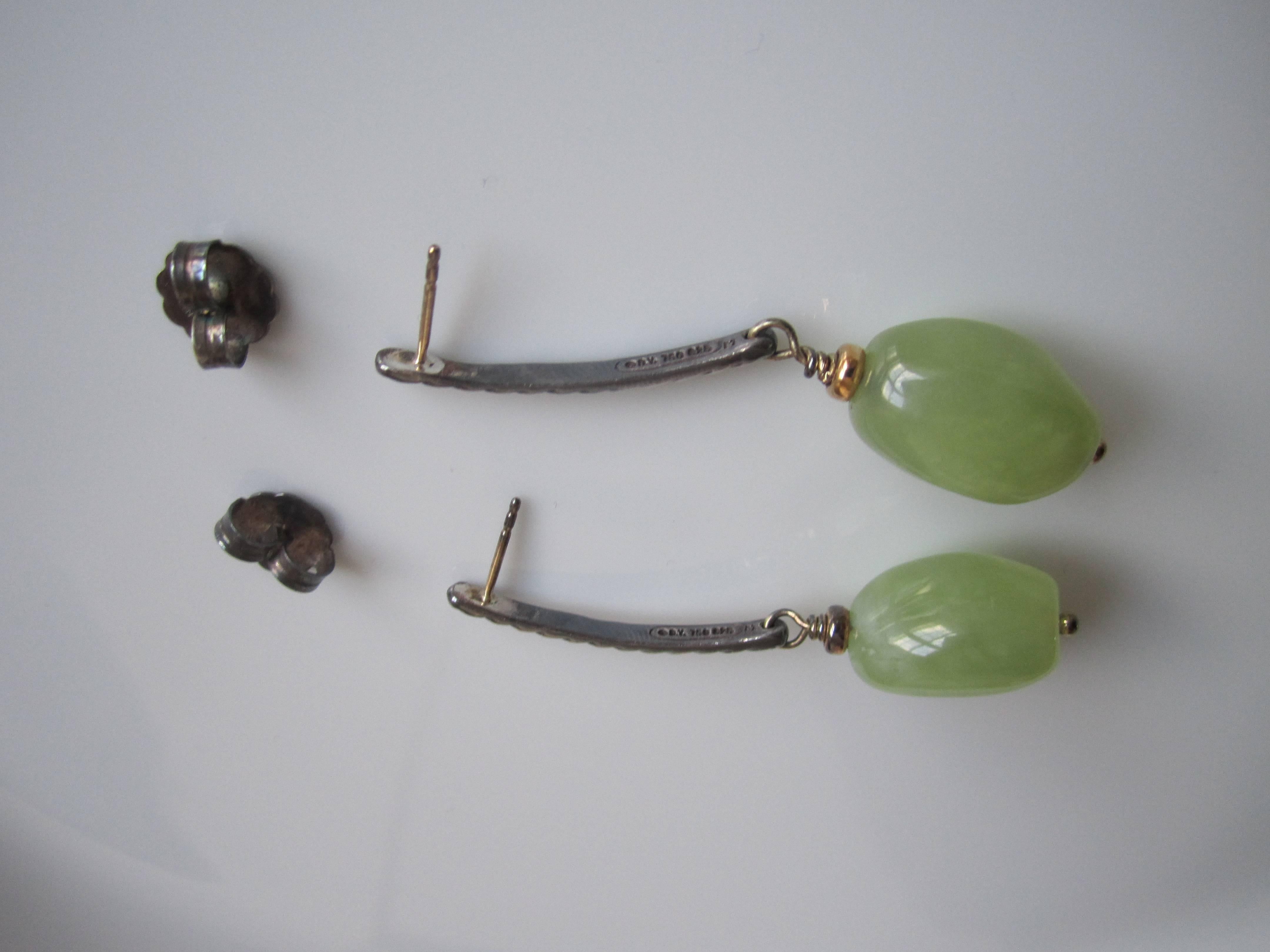 Contemporary David Yurman Sterling Silver, Gold, and Green Jade Drop Earrings