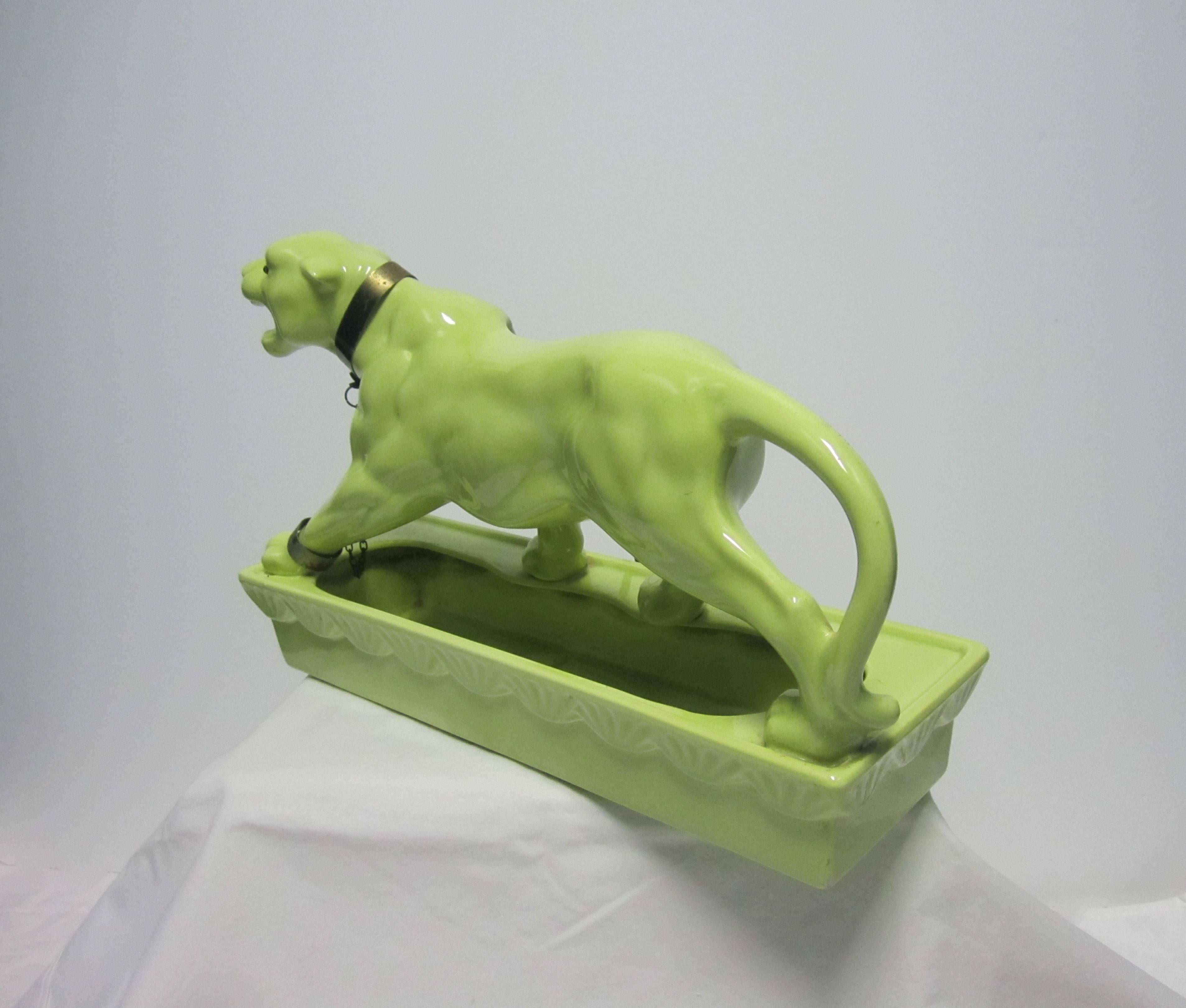 Glazed Mid-Century Tiger Lamp with Emerald Green-Like Eyes