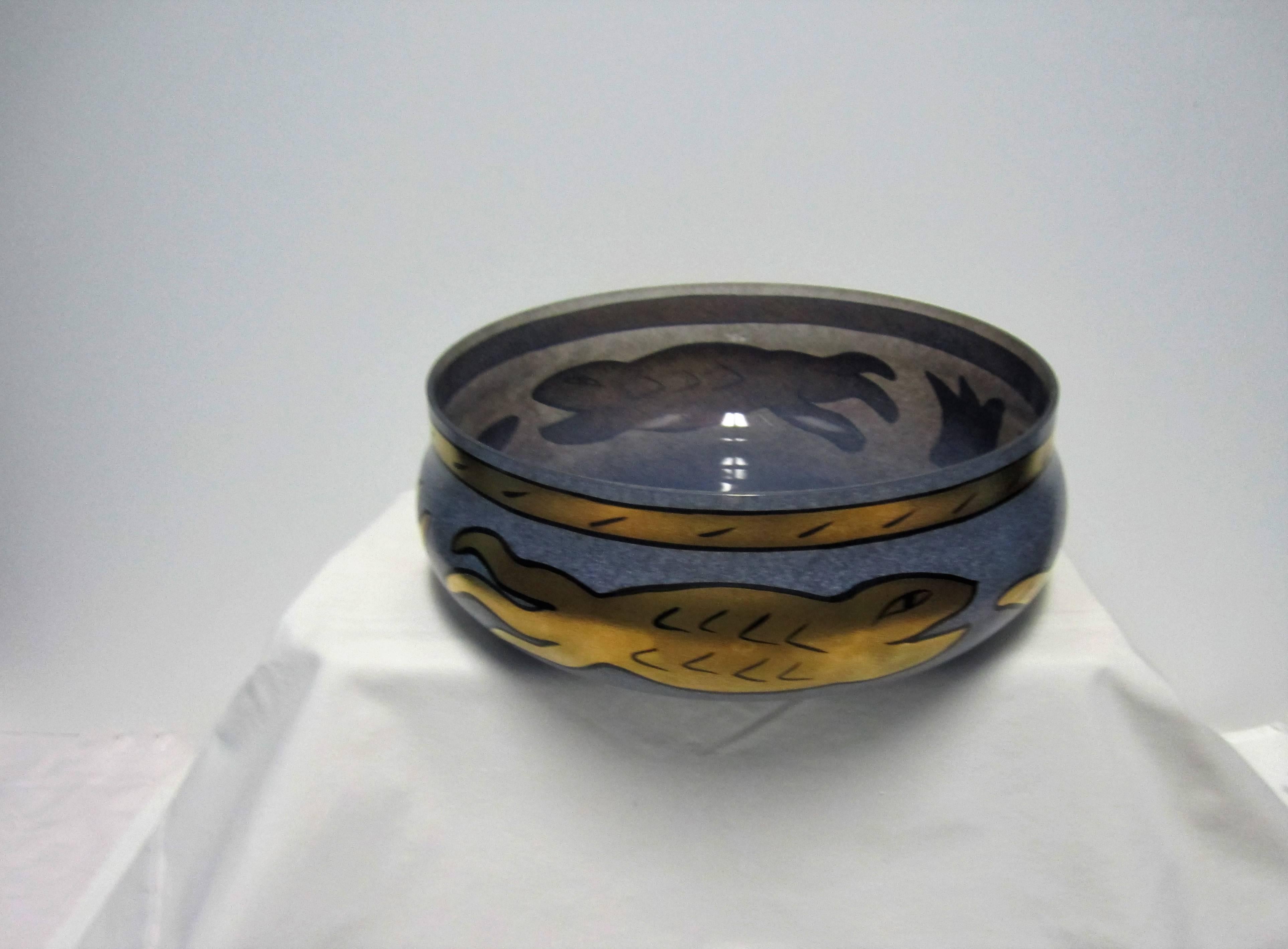 Post-Modern Signed Scandinavian Glass Centerpiece Bowl with Gold Serpent Snake, 1990s