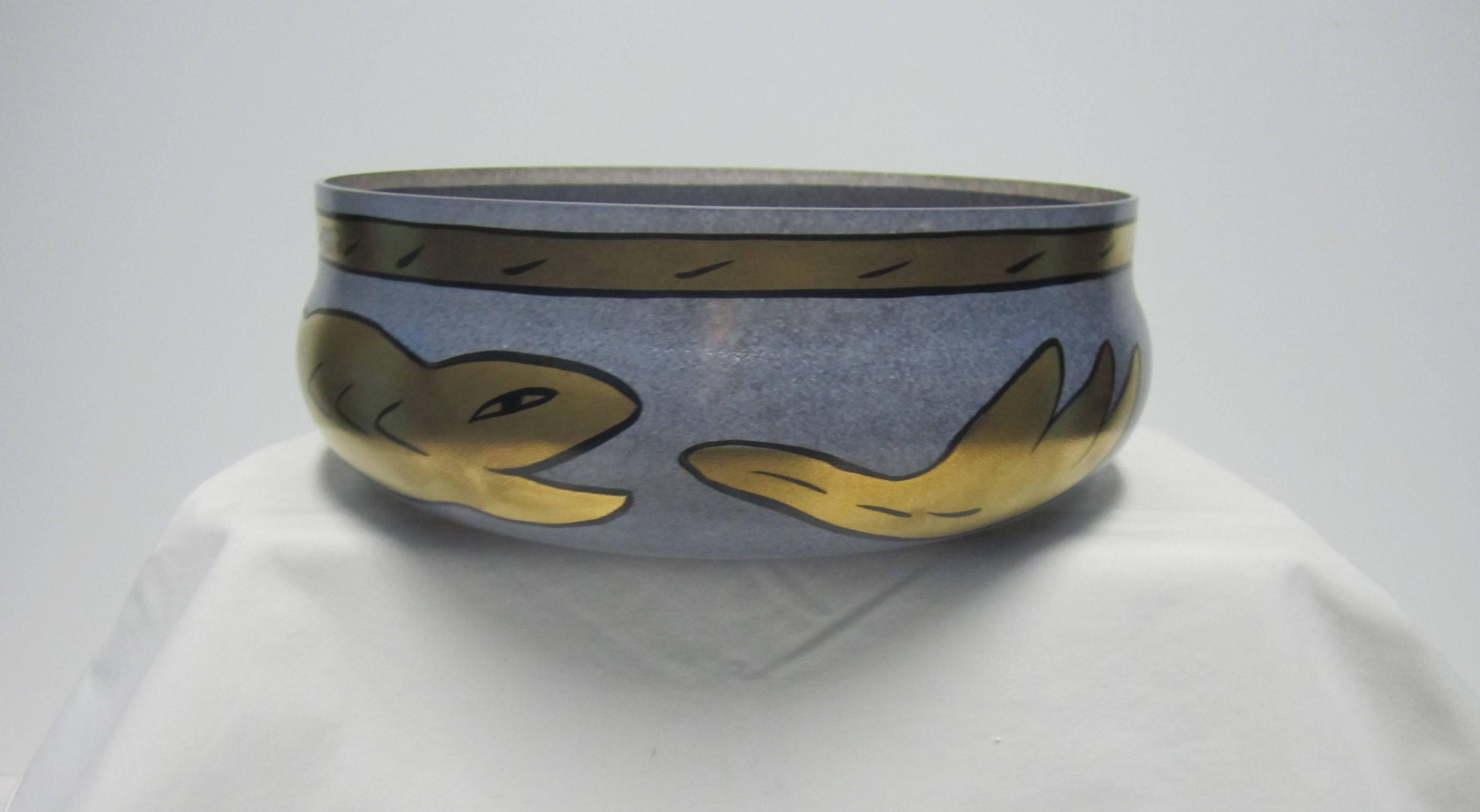 Signed Scandinavian Glass Centerpiece Bowl with Gold Serpent Snake, 1990s In Excellent Condition In New York, NY