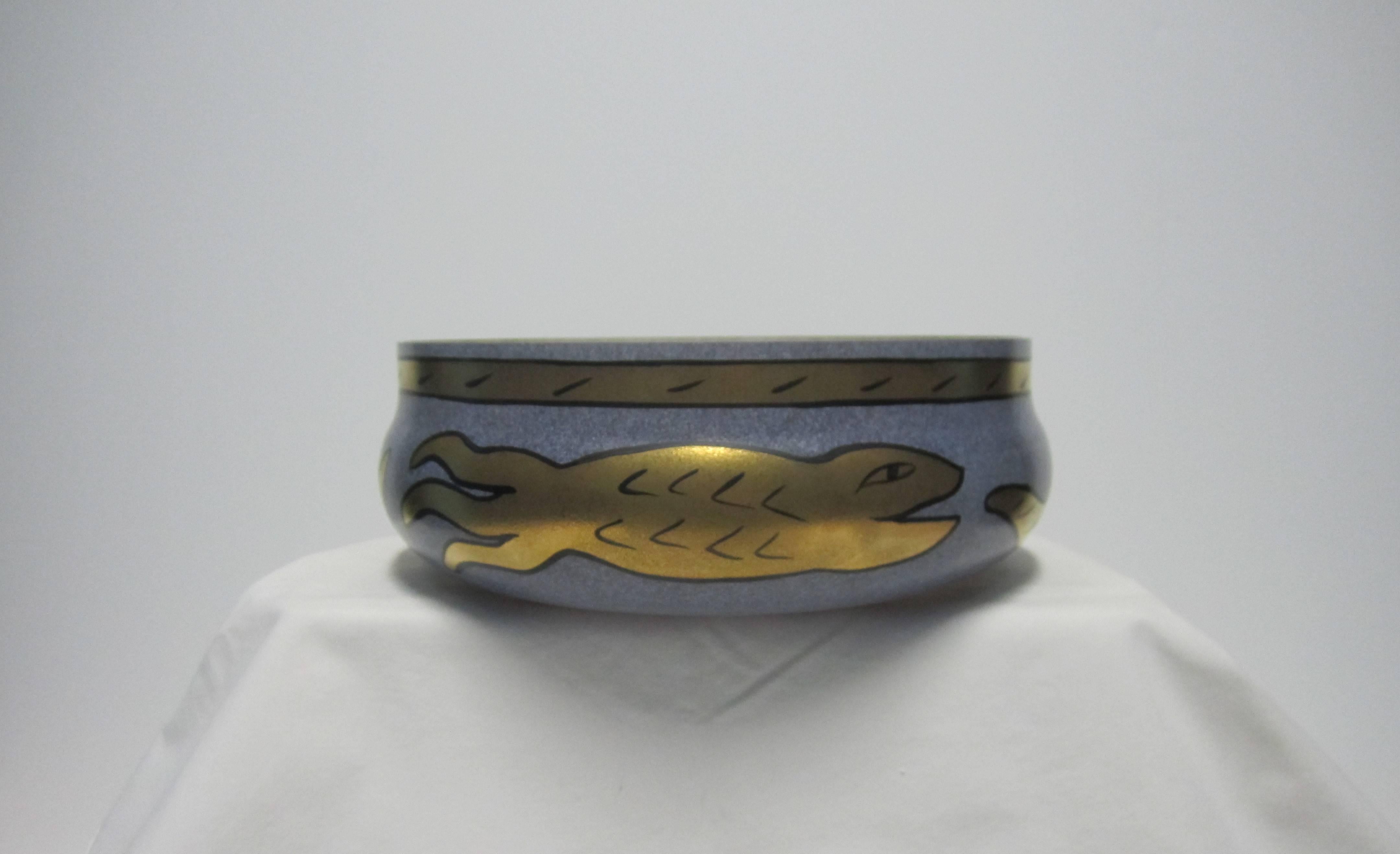 Art Glass Signed Scandinavian Glass Centerpiece Bowl with Gold Serpent Snake, 1990s