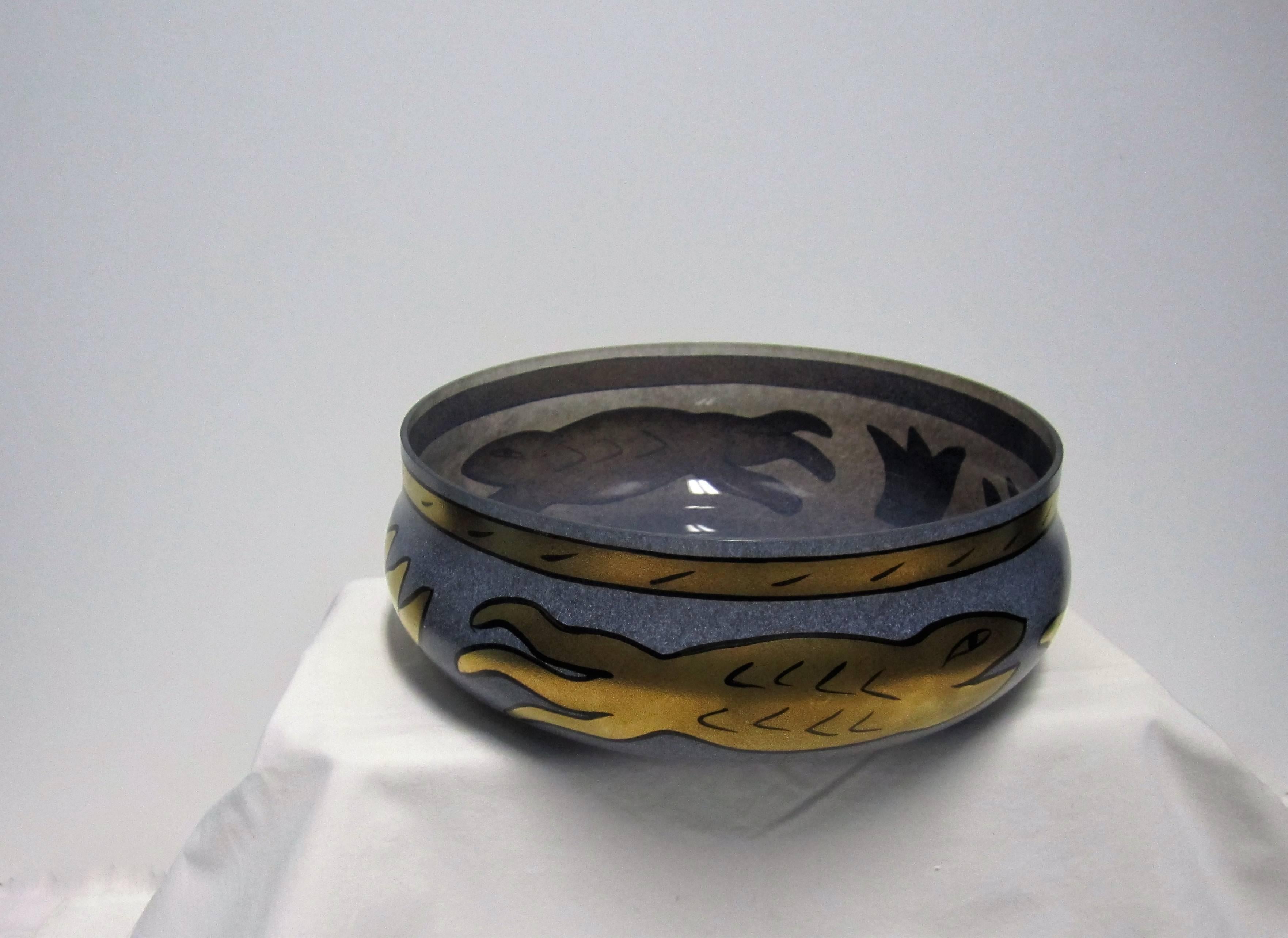 Signed Scandinavian Glass Centerpiece Bowl with Gold Serpent Snake, 1990s 2