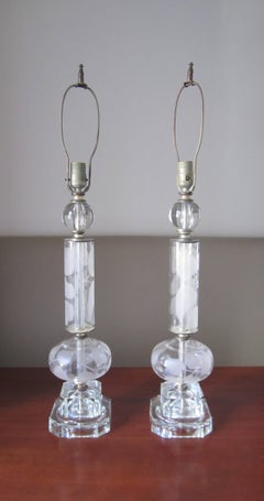 Crystal Table Lamps Style of Lalique, Pair, circa 1940s