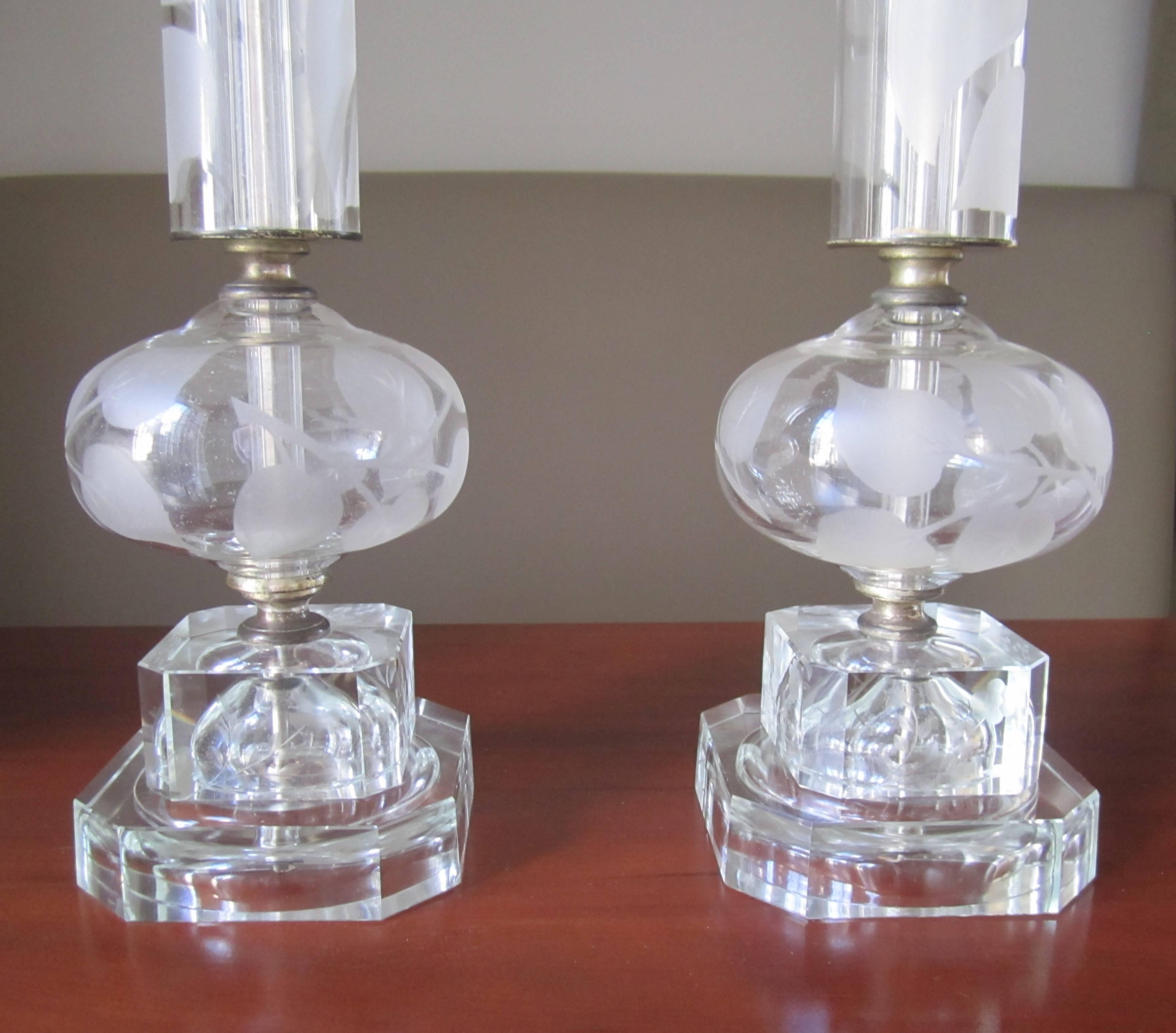 European  Crystal Table Lamps in the Style of Lalique, Pair, circa 1940s For Sale