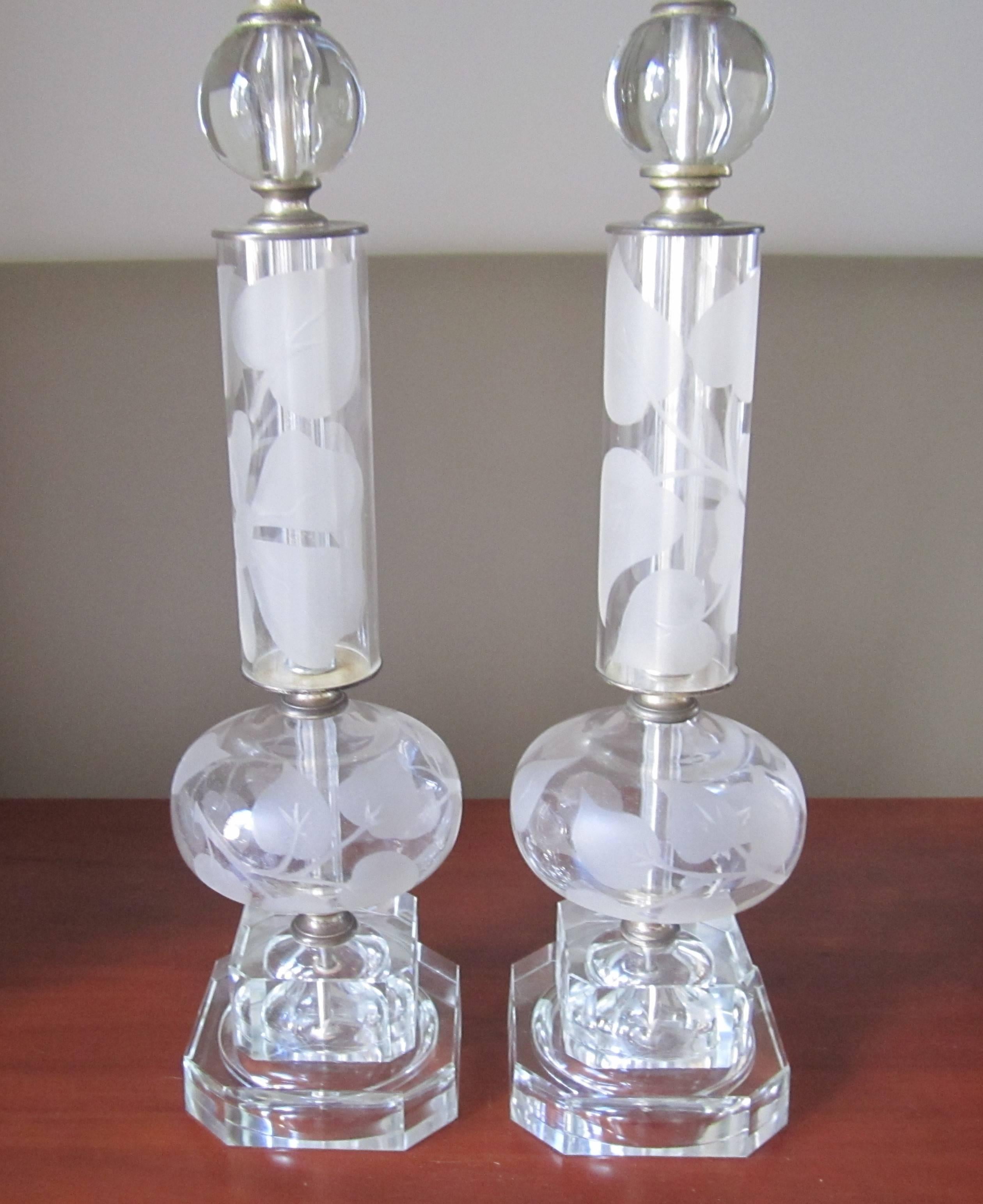 Etched  Crystal Table Lamps in the Style of Lalique, Pair, circa 1940s For Sale