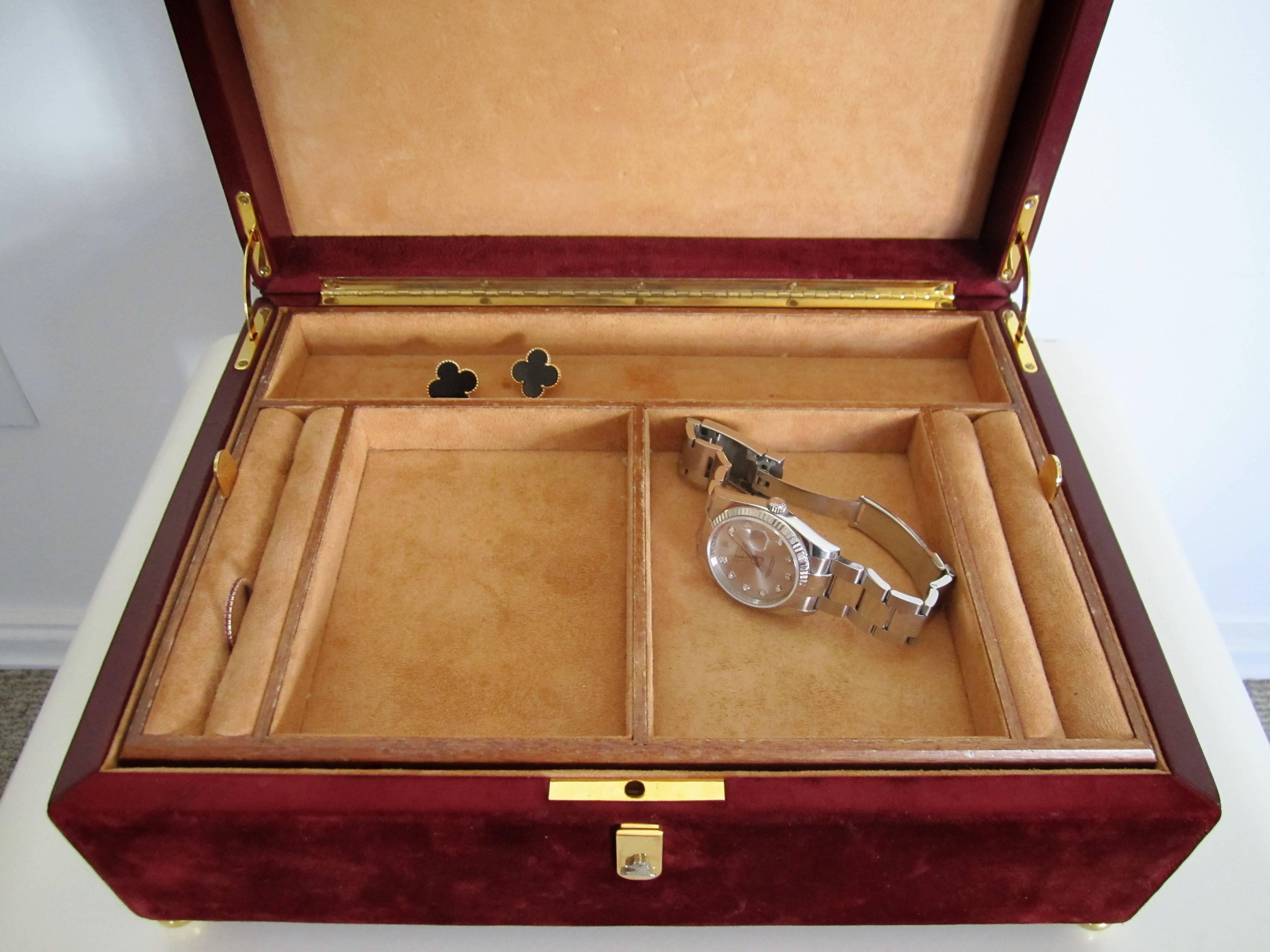 Italian Beautiful Mark Cross Burgundy Suede and Leather Jewelry Box, Italy