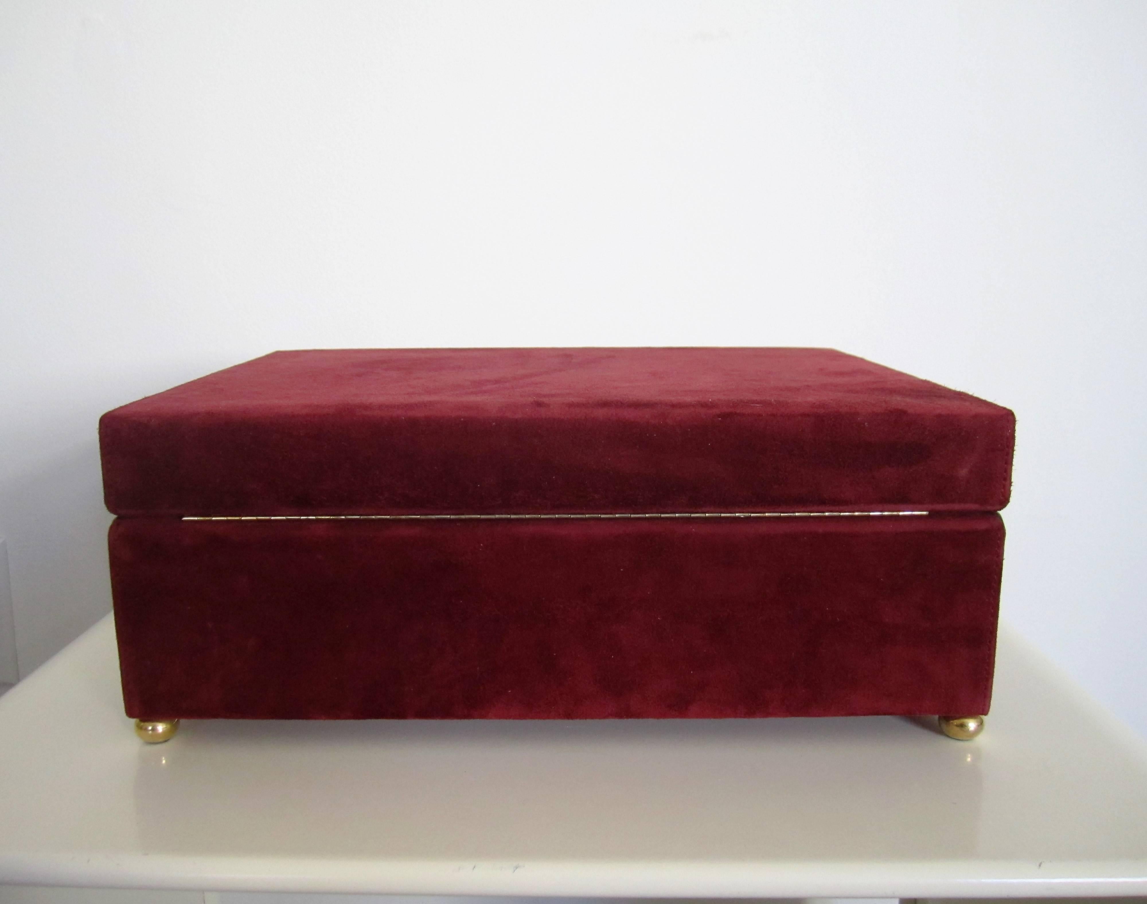 Beautiful Mark Cross Burgundy Suede and Leather Jewelry Box, Italy 1