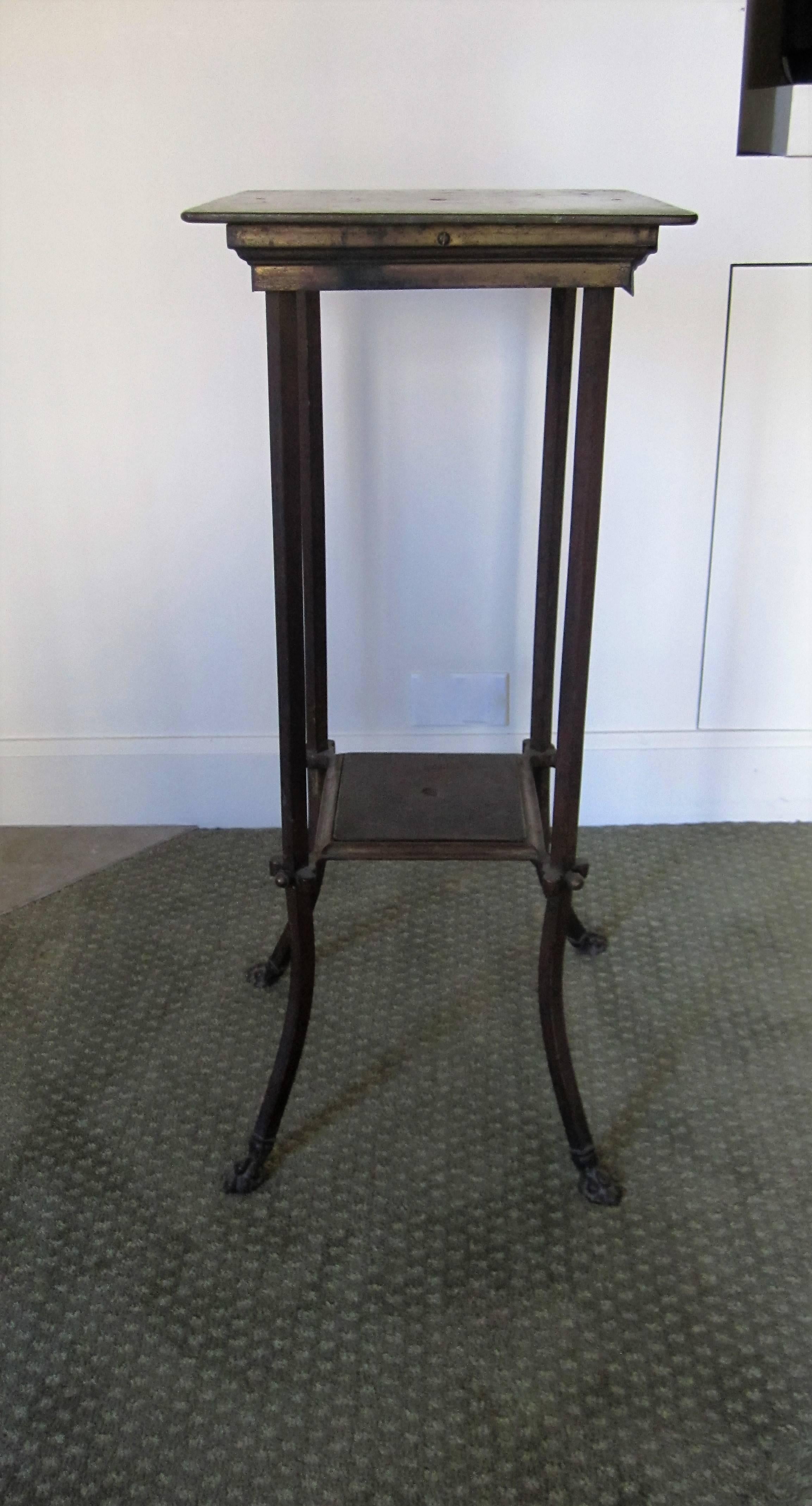 Brass Bronze Pedestal Table with Shelf and Decorative Paw Feet, circa 19th Century