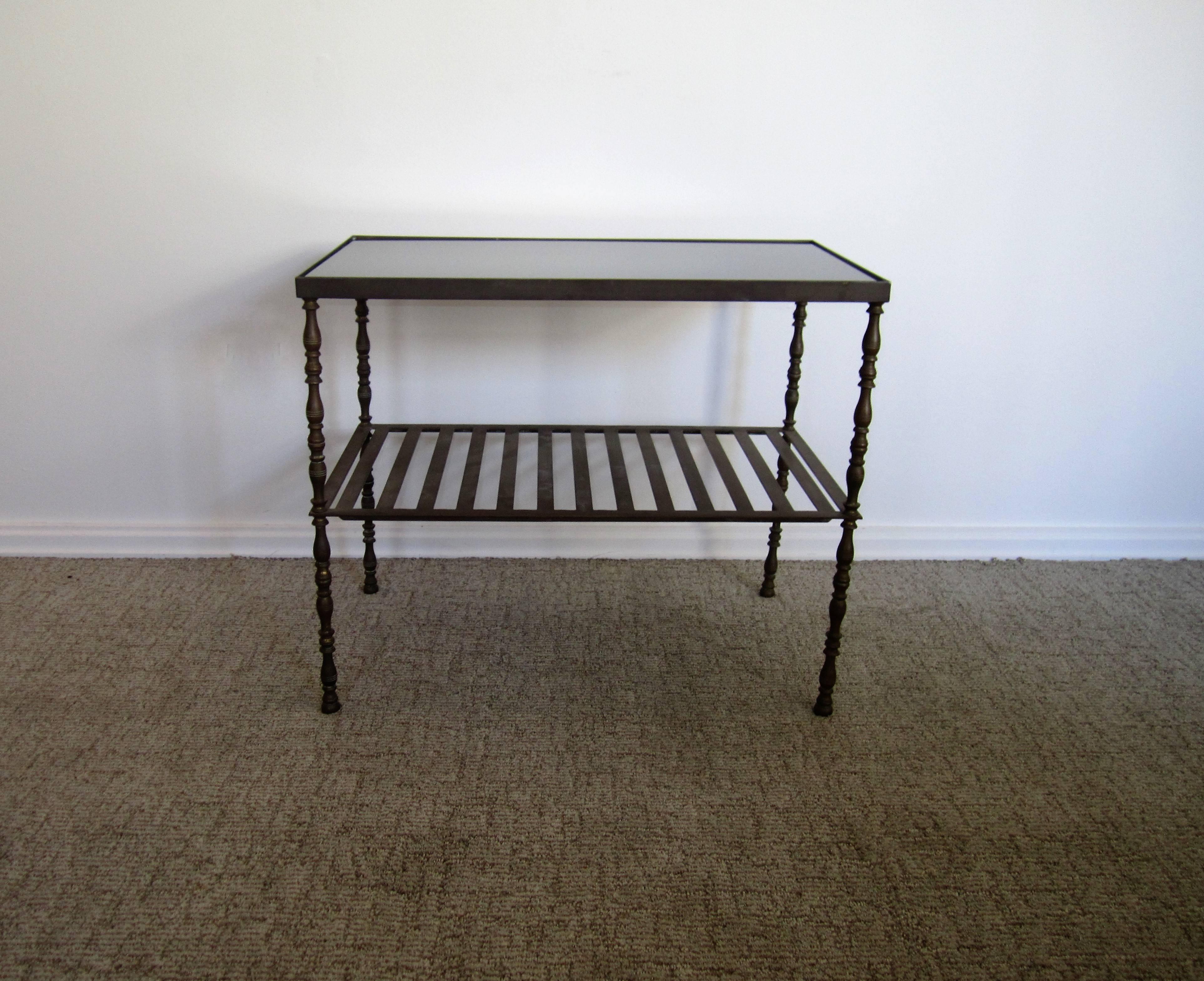 Vintage Bronze and Black Glass Top Bookcase, Bar or End Table, French 1