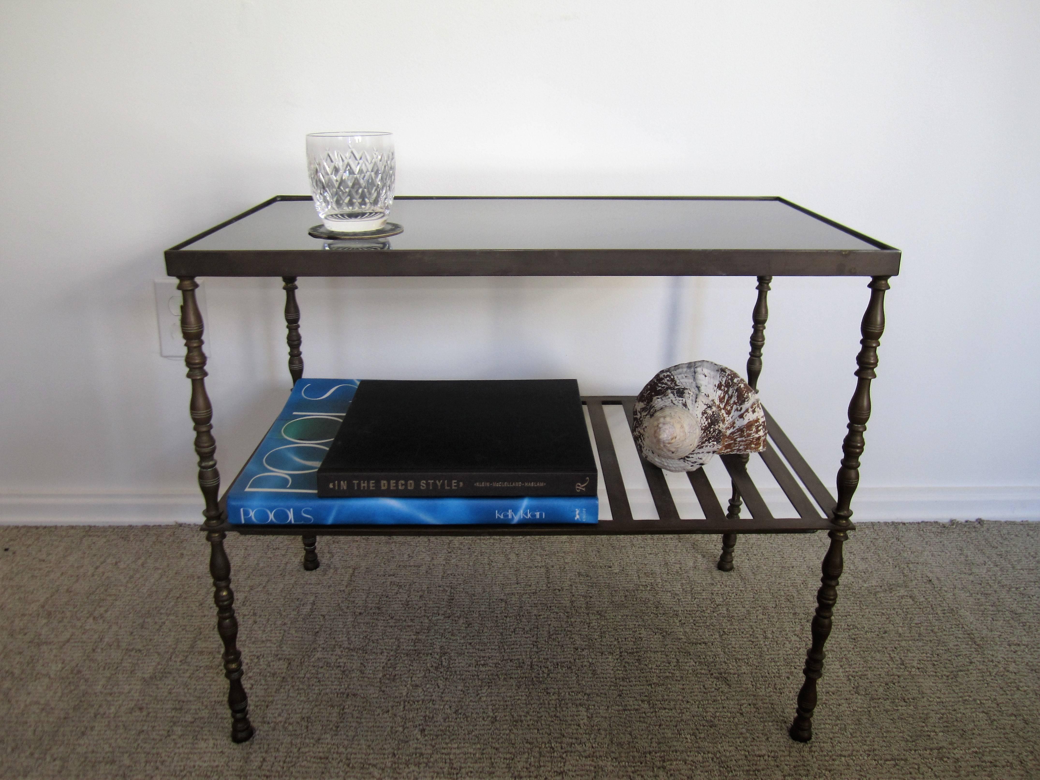 Vintage Bronze and Black Glass Top Bookcase, Bar or End Table, French 2