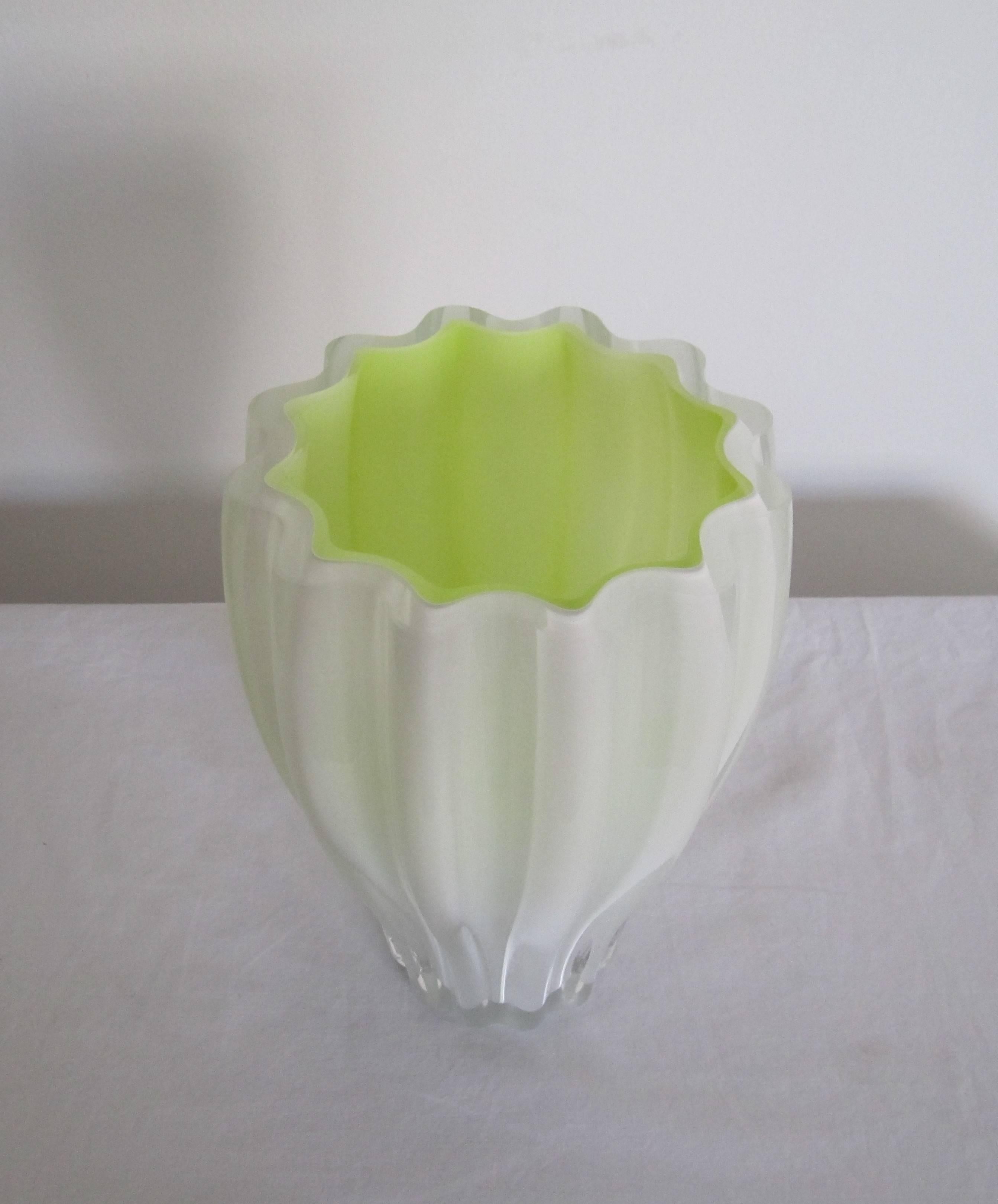 Post-Modern Postmodern White and Neon Yellow Art Glass Vase from Sweden For Sale