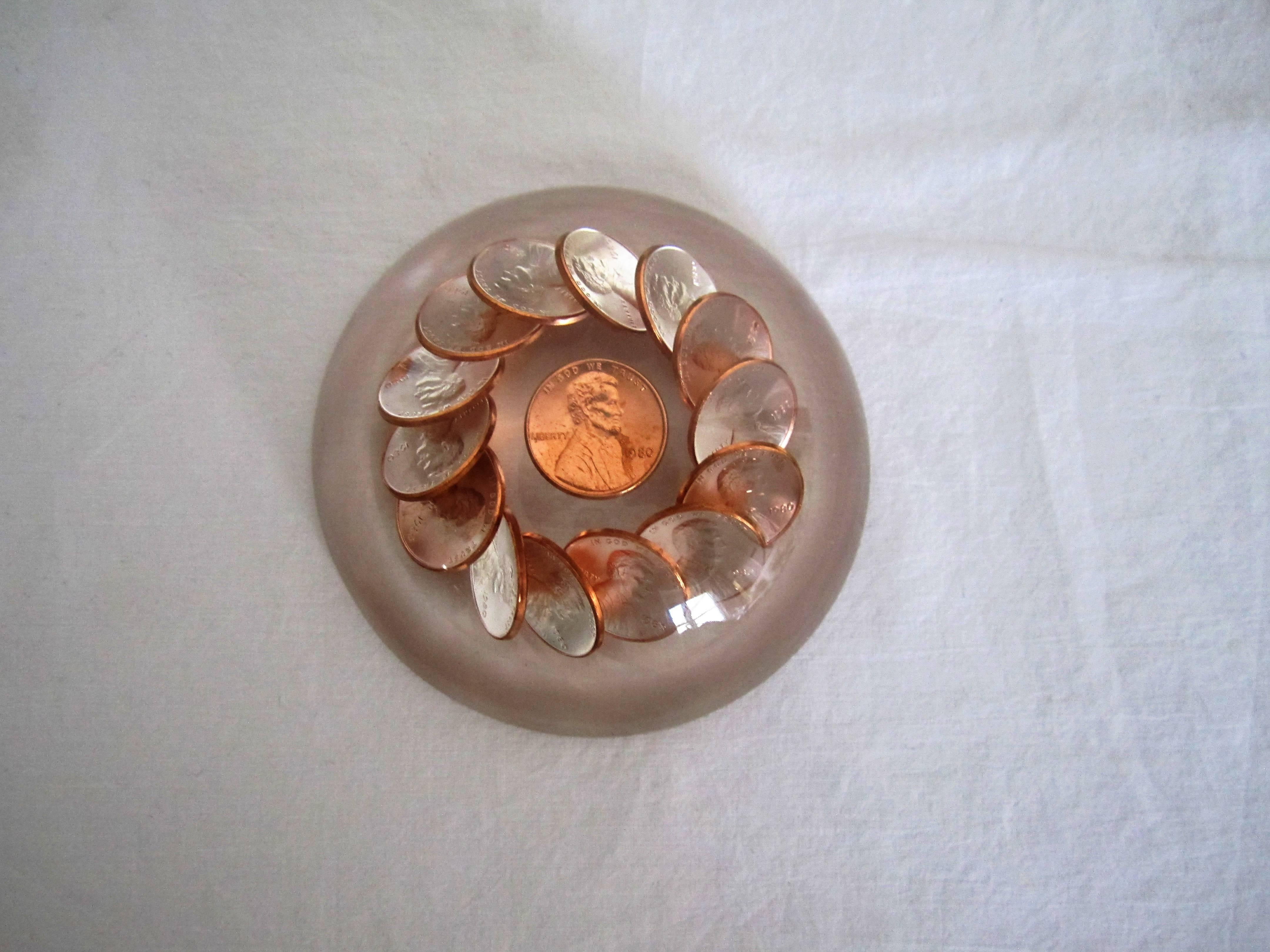 American Lucite Copper Penny Paperweight Decorative Object, 1980s For Sale