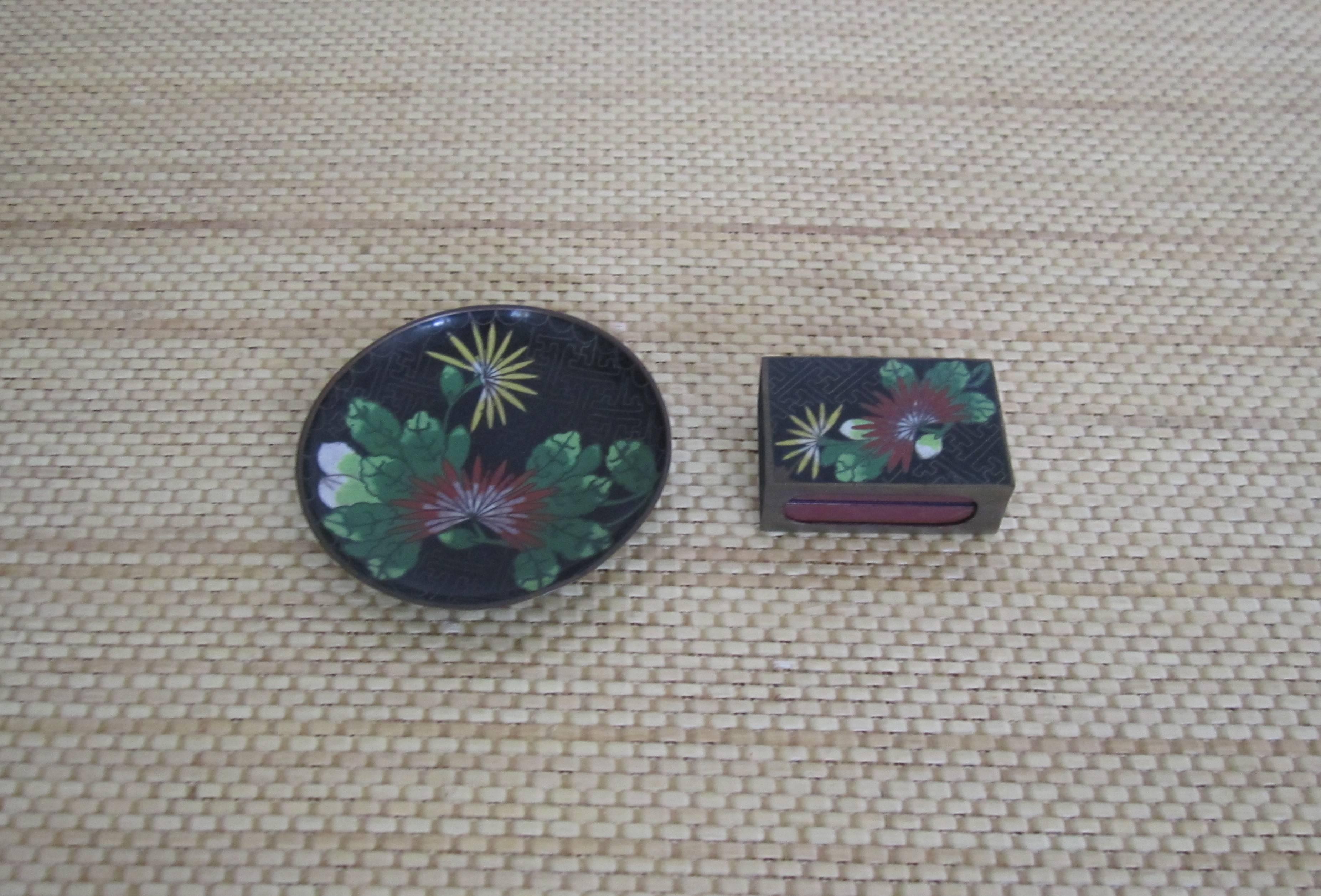 Chinoiserie Match Box Case and Dish Set in Cloisonné Enamel For Sale