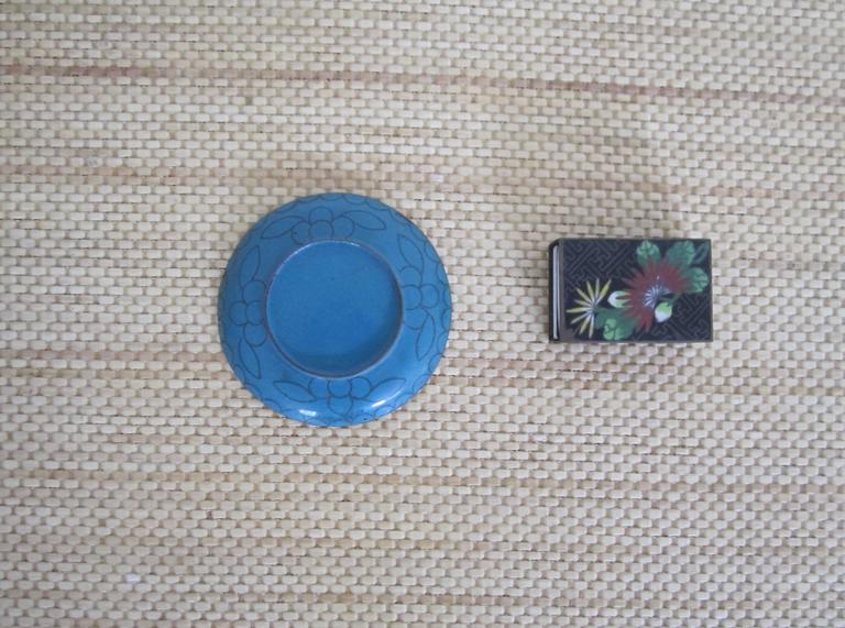 Support Boîte D'allumettes Vintage En Laiton émaillé Bleu Fleuri - 2,5 Cm, Avec Assiette