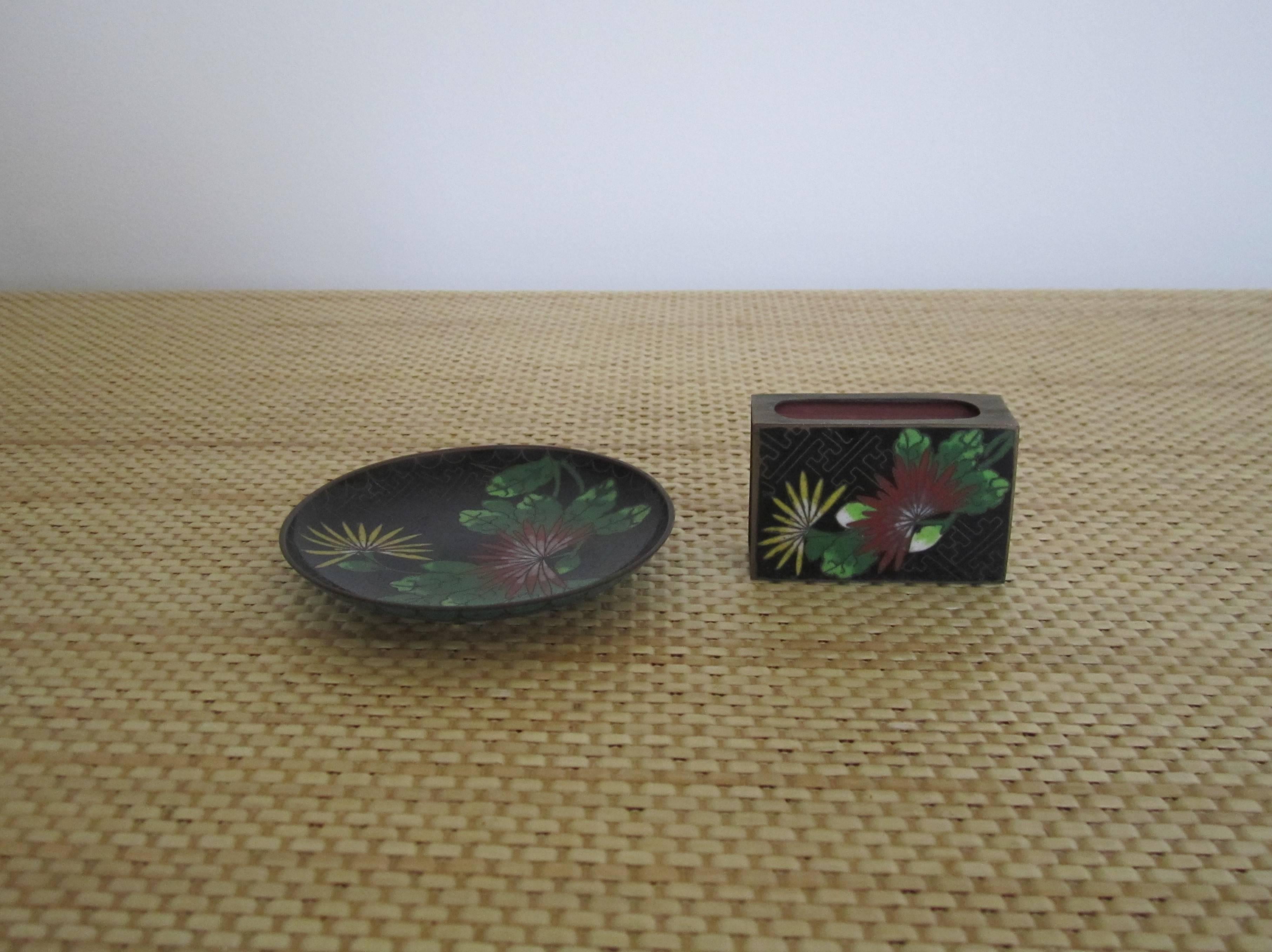 Match Box Case and Dish Set in Cloisonné Enamel In Good Condition For Sale In New York, NY