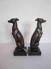 Art Deco Bronze and Marble Whippet or Greyhound Dog Sculpture Bookends