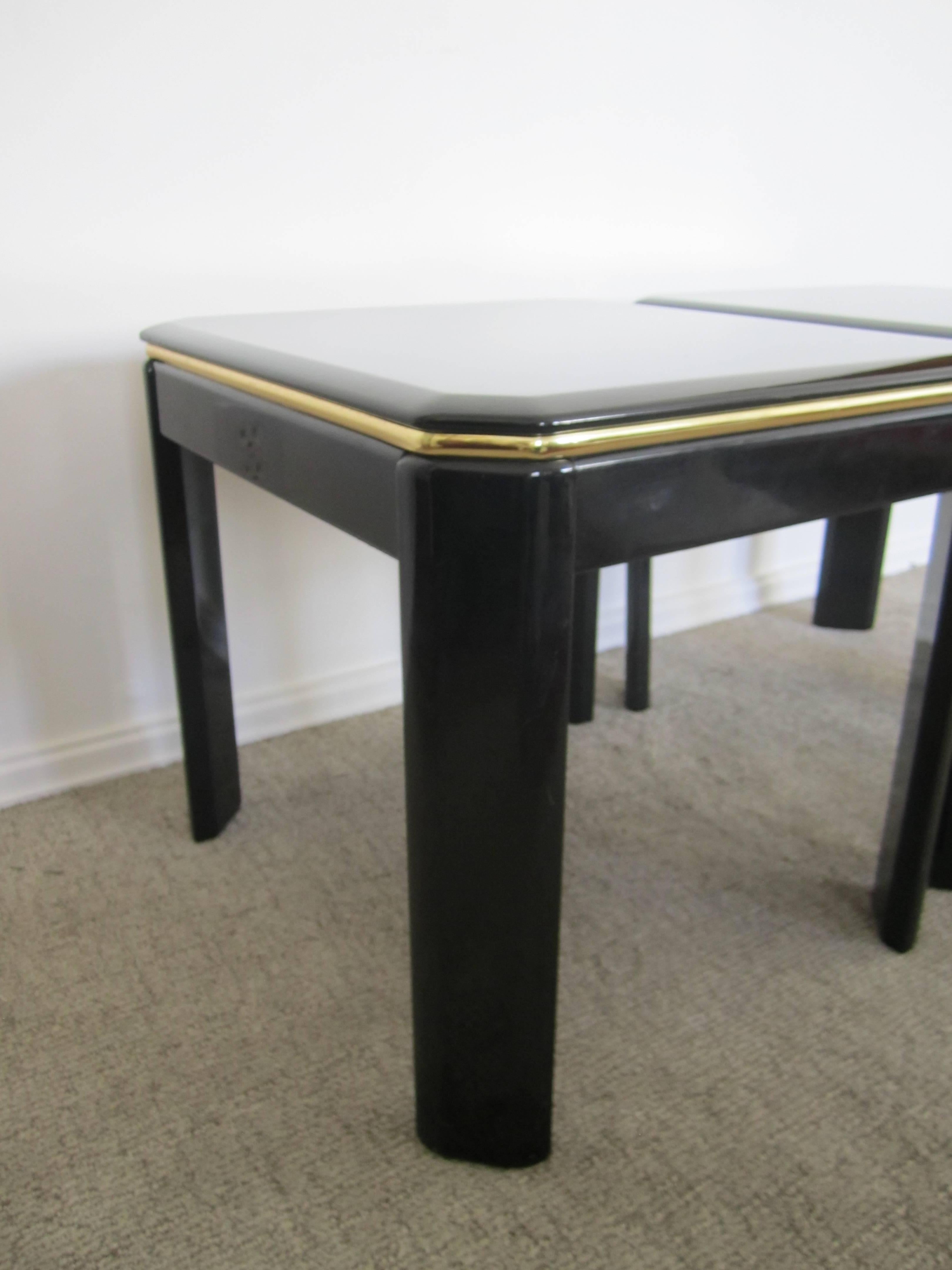 Pair Vintage Square Black Lacquer and Brass End Tables 2