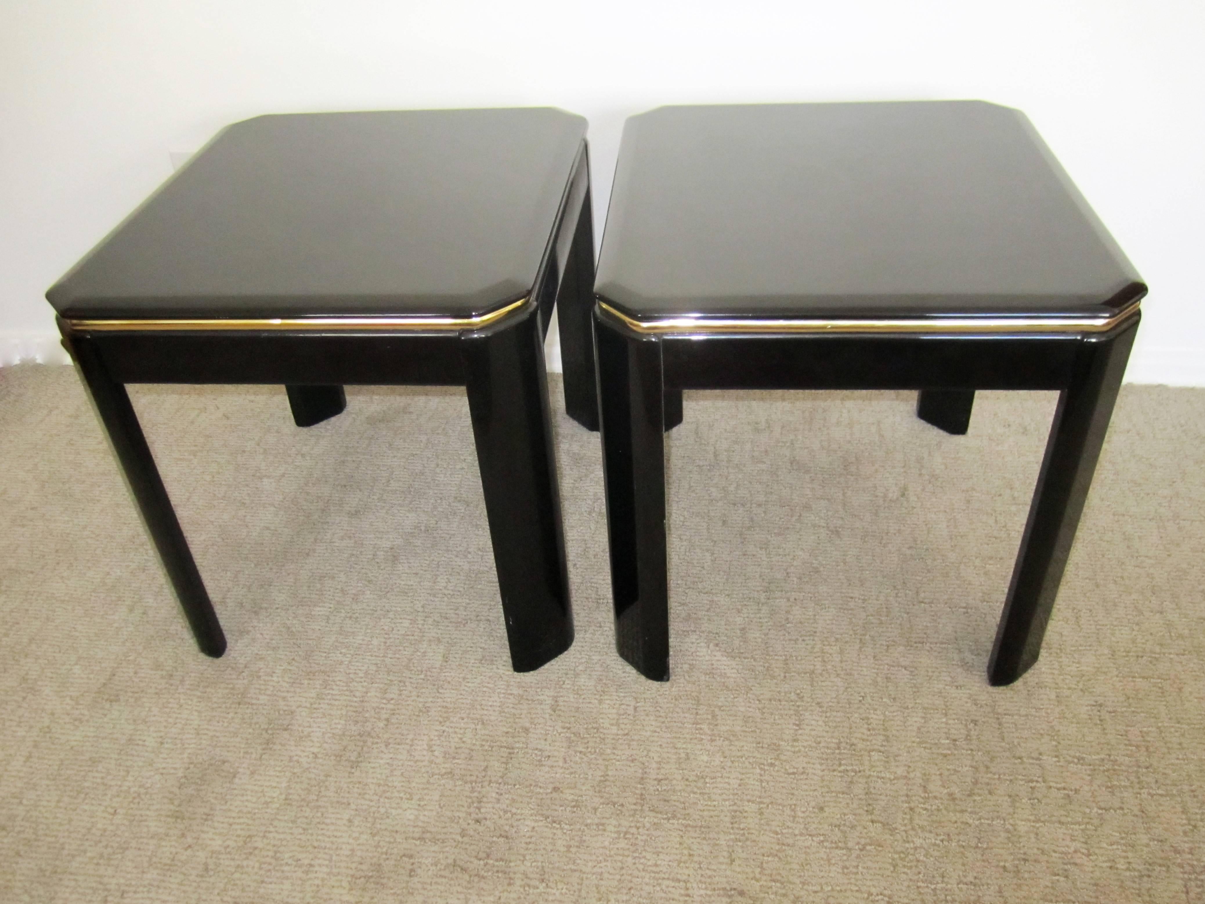 American Pair Vintage Square Black Lacquer and Brass End Tables
