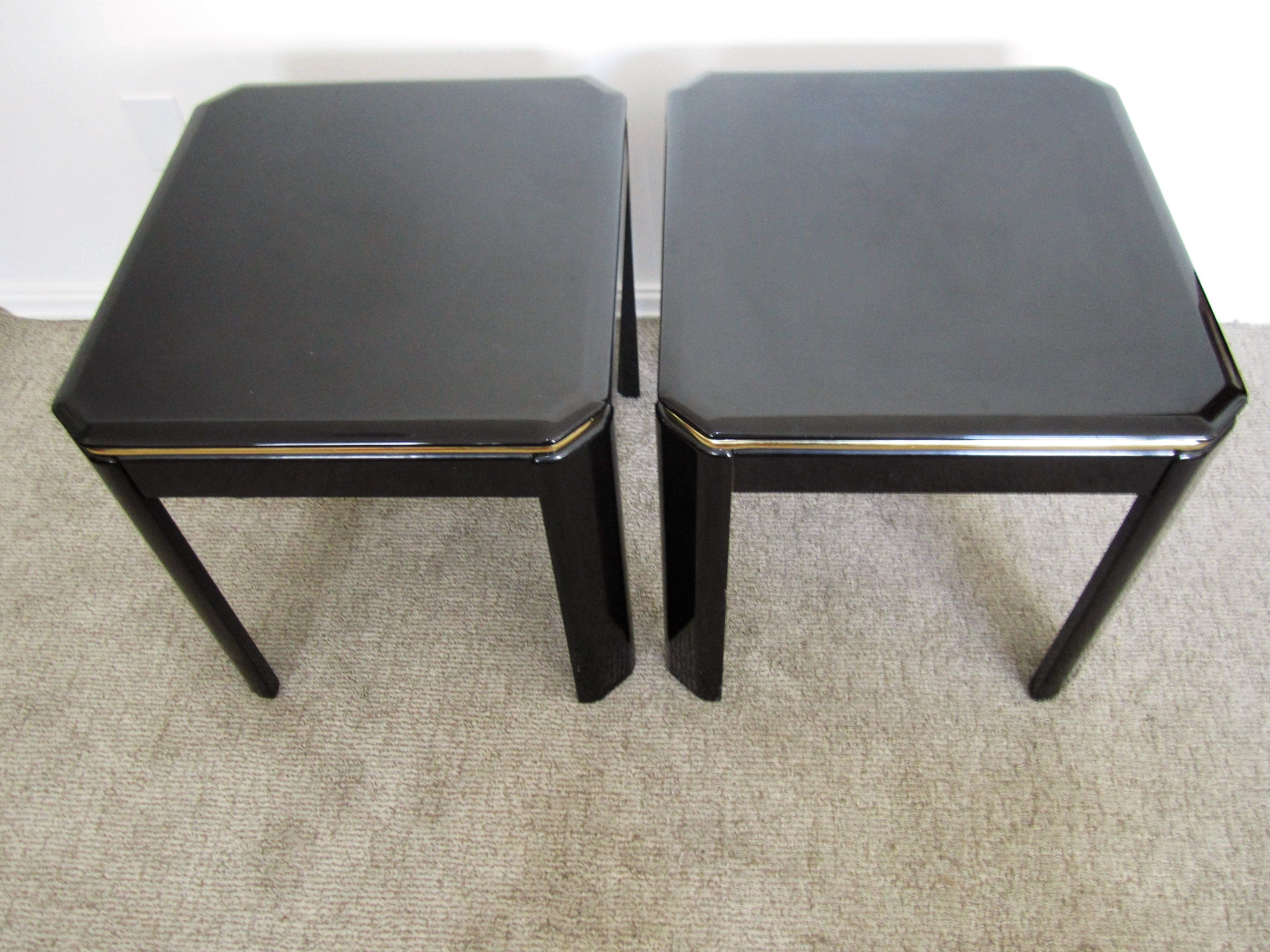 Post-Modern Pair Vintage Square Black Lacquer and Brass End Tables