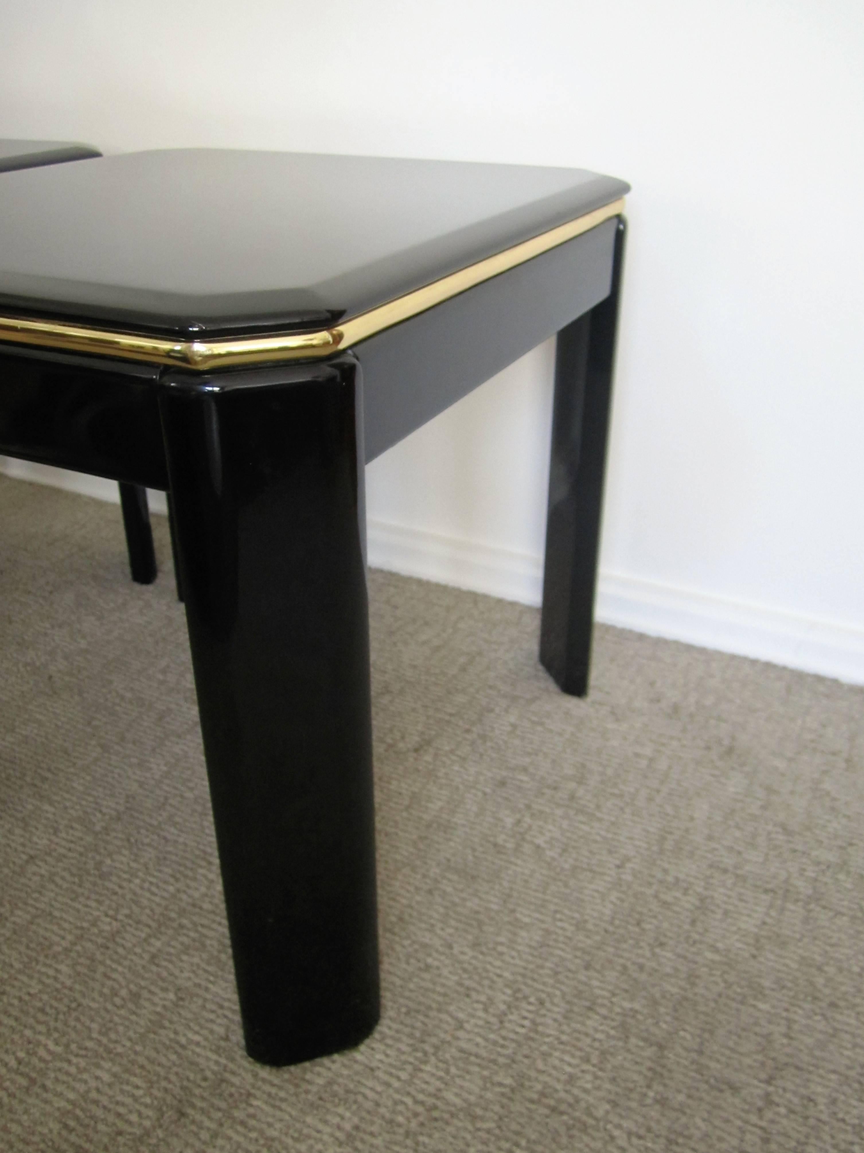 Pair Vintage Square Black Lacquer and Brass End Tables 1