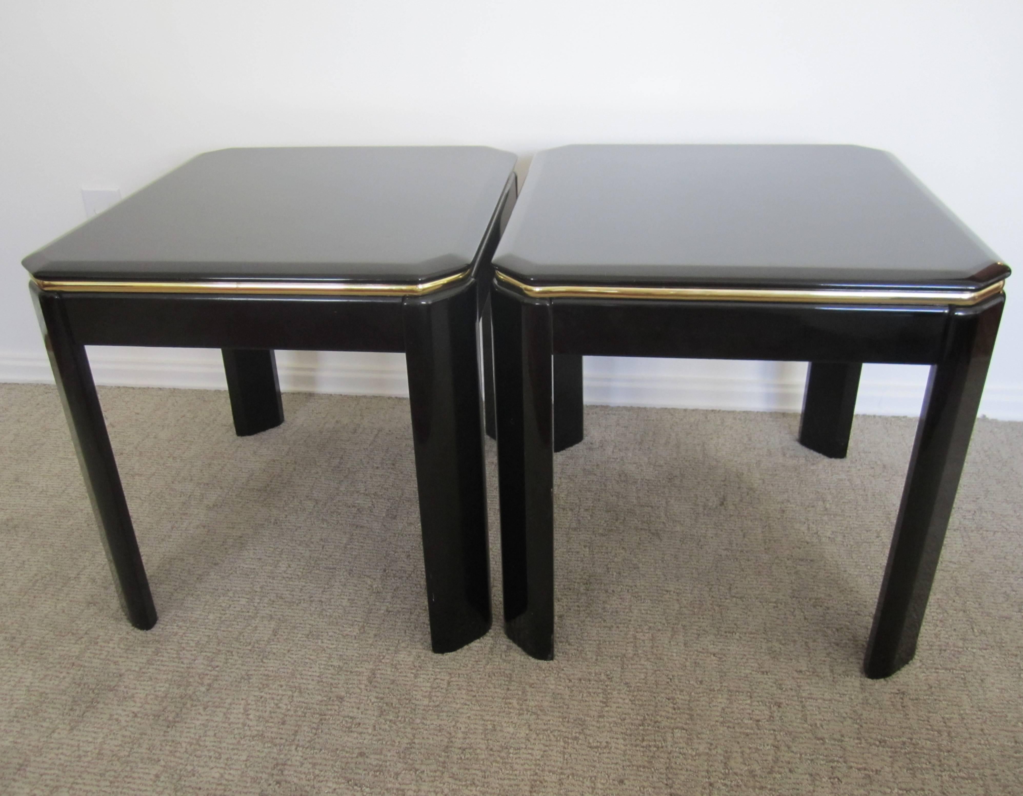 Lacquered Pair Vintage Square Black Lacquer and Brass End Tables