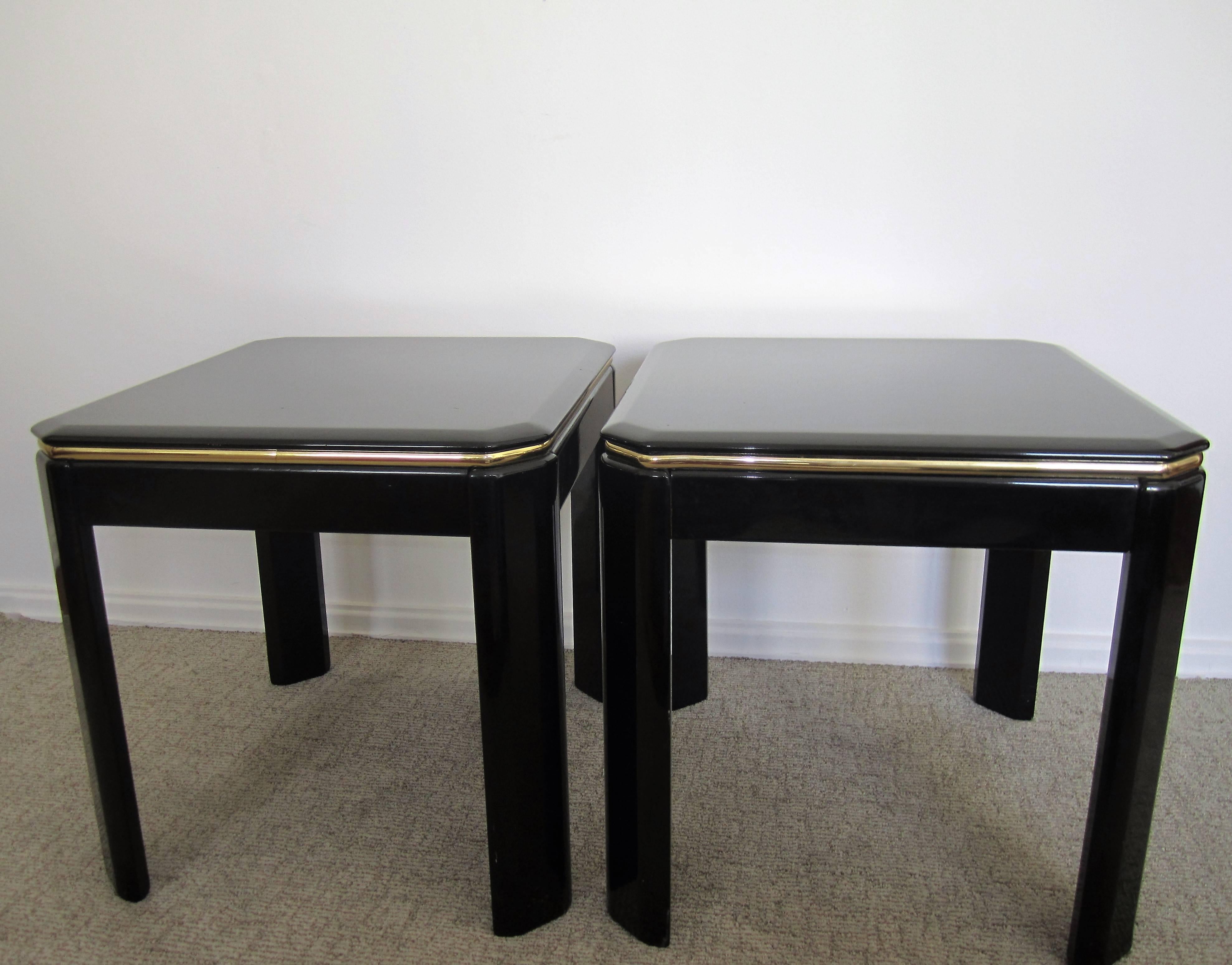 Pair Vintage Square Black Lacquer and Brass End Tables 3