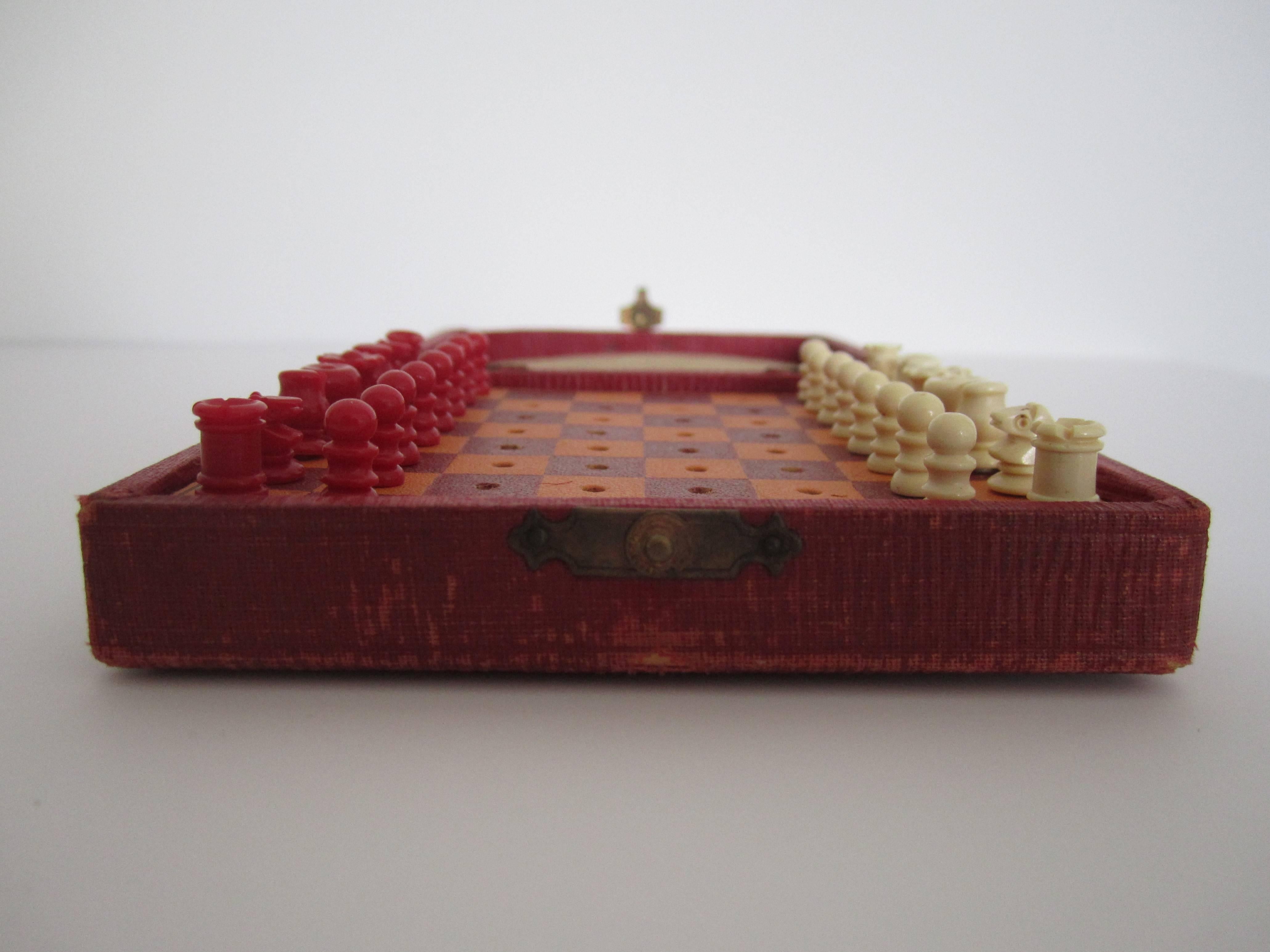 20th Century Mini Red Travel Chess Game Set, Circa 1920s