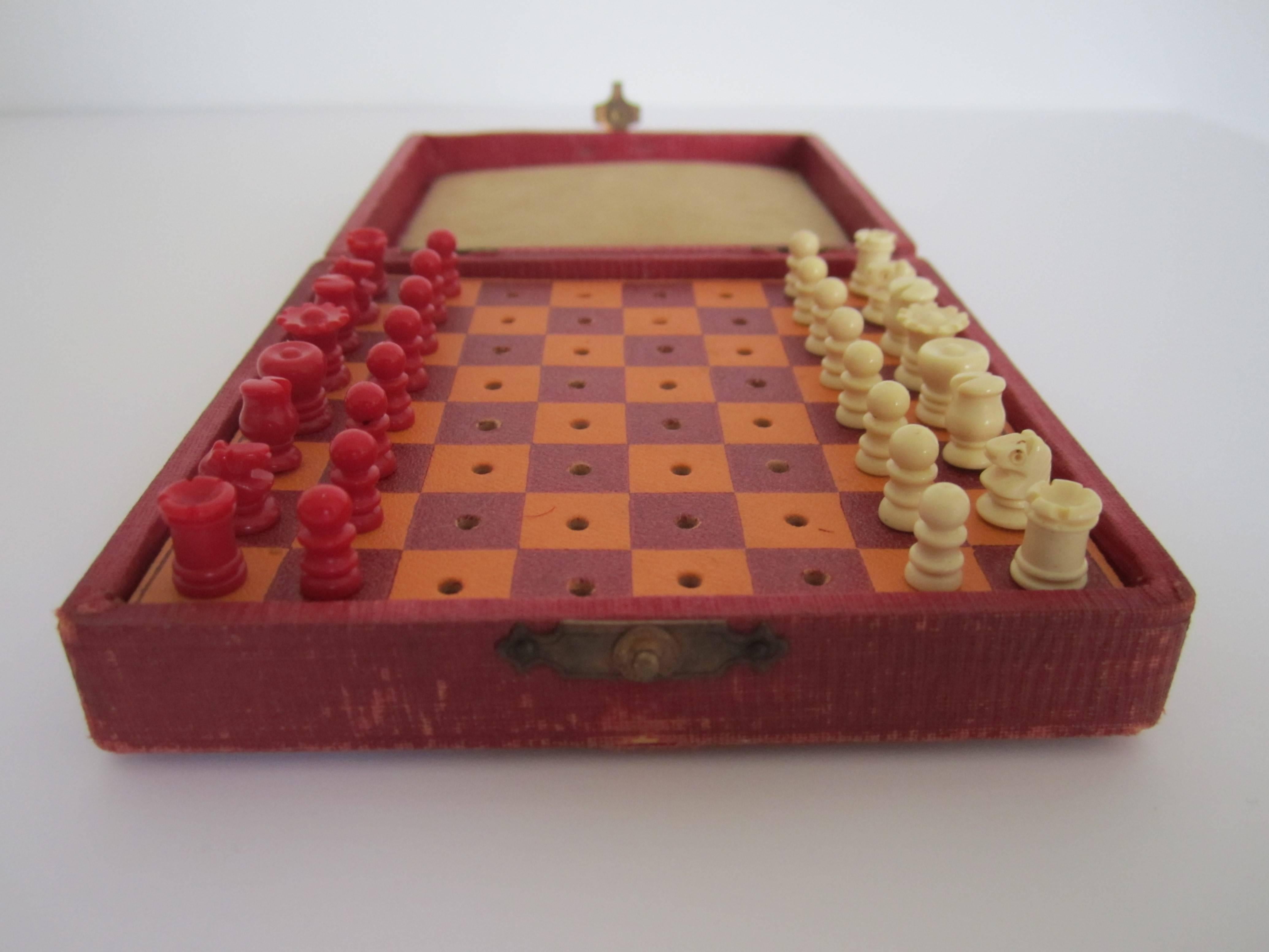 Mini Red Travel Chess Game Set, Circa 1920s 1