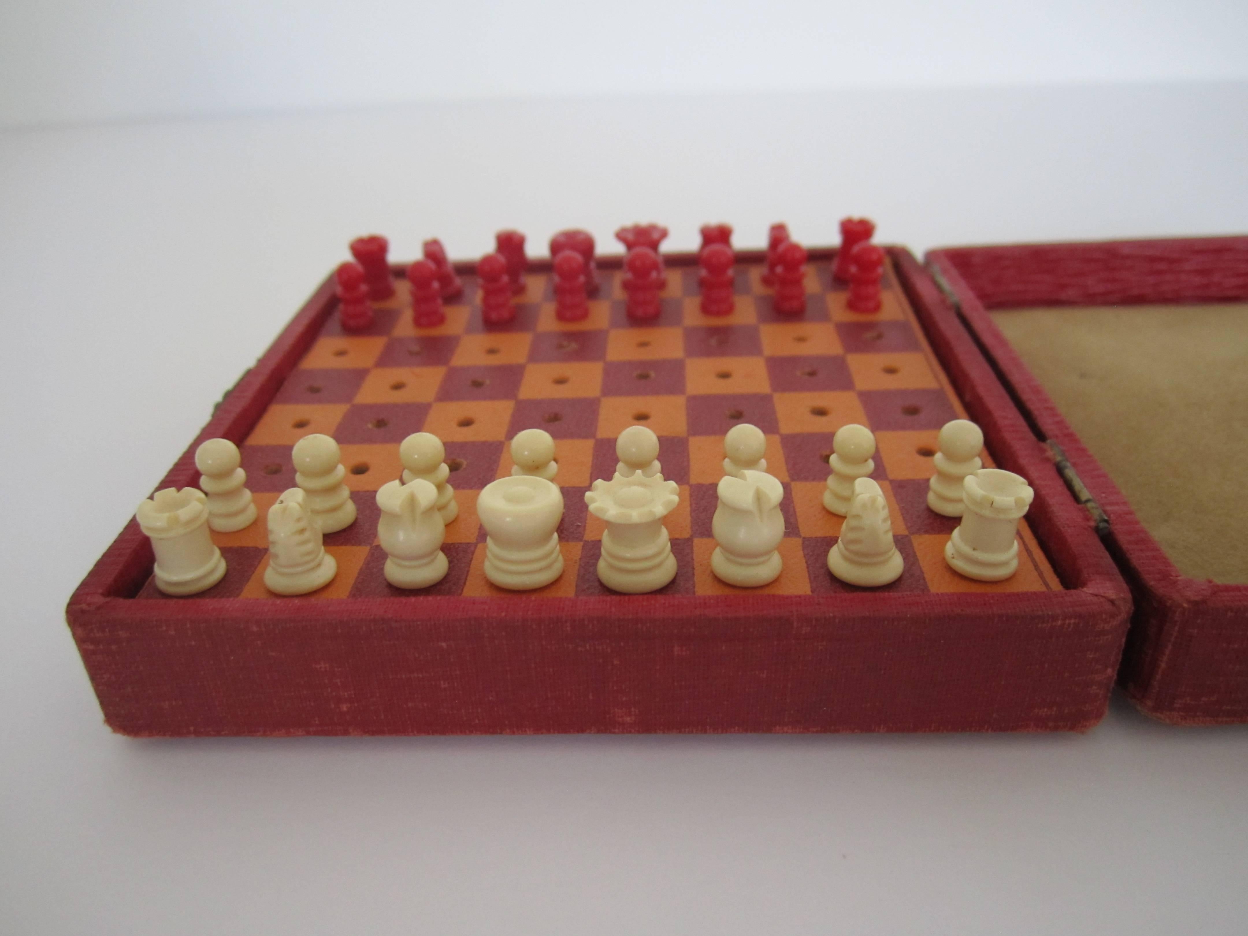 Mini Red Travel Chess Game Set, Circa 1920s 4