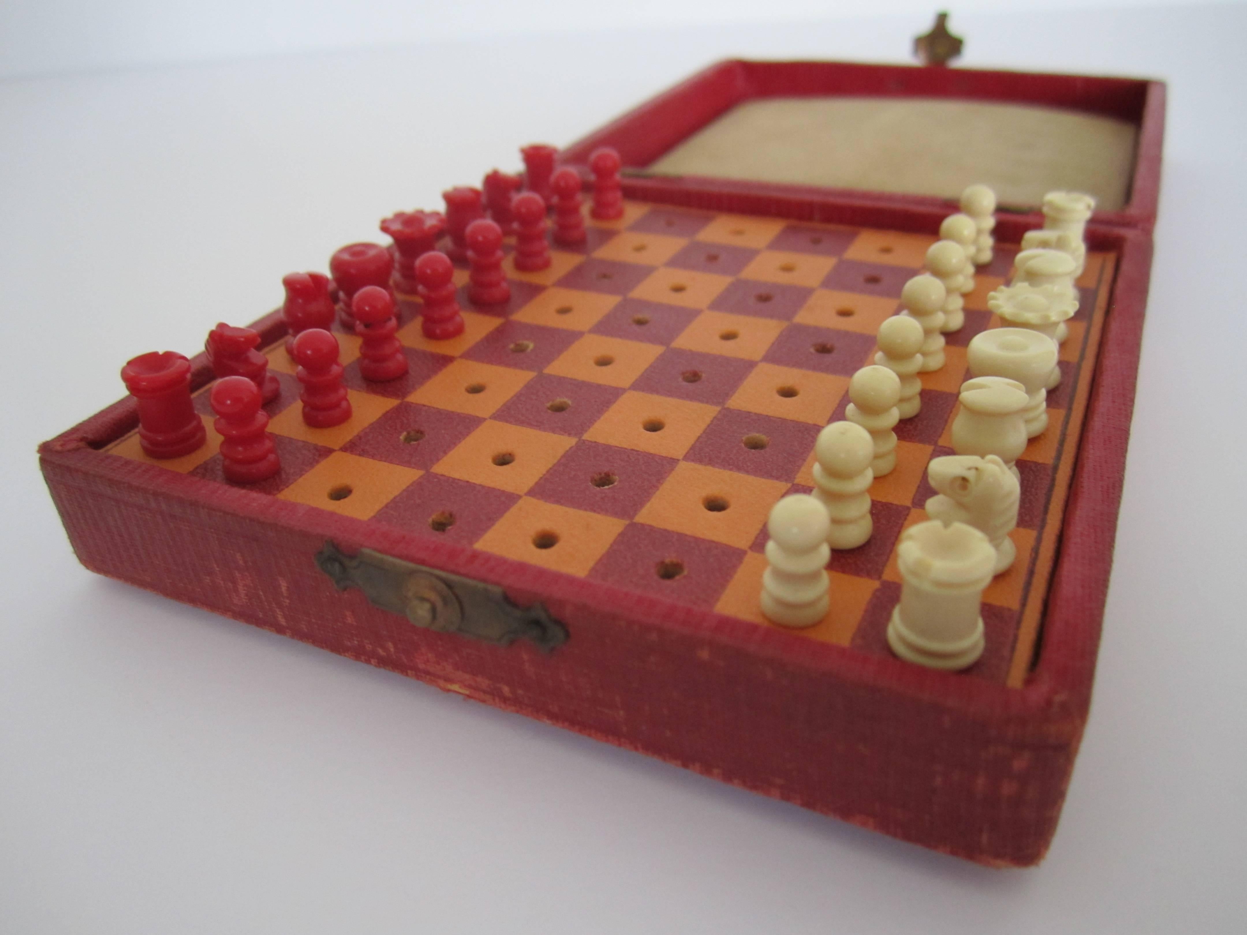 Mini Red Travel Chess Game Set, Circa 1920s 2