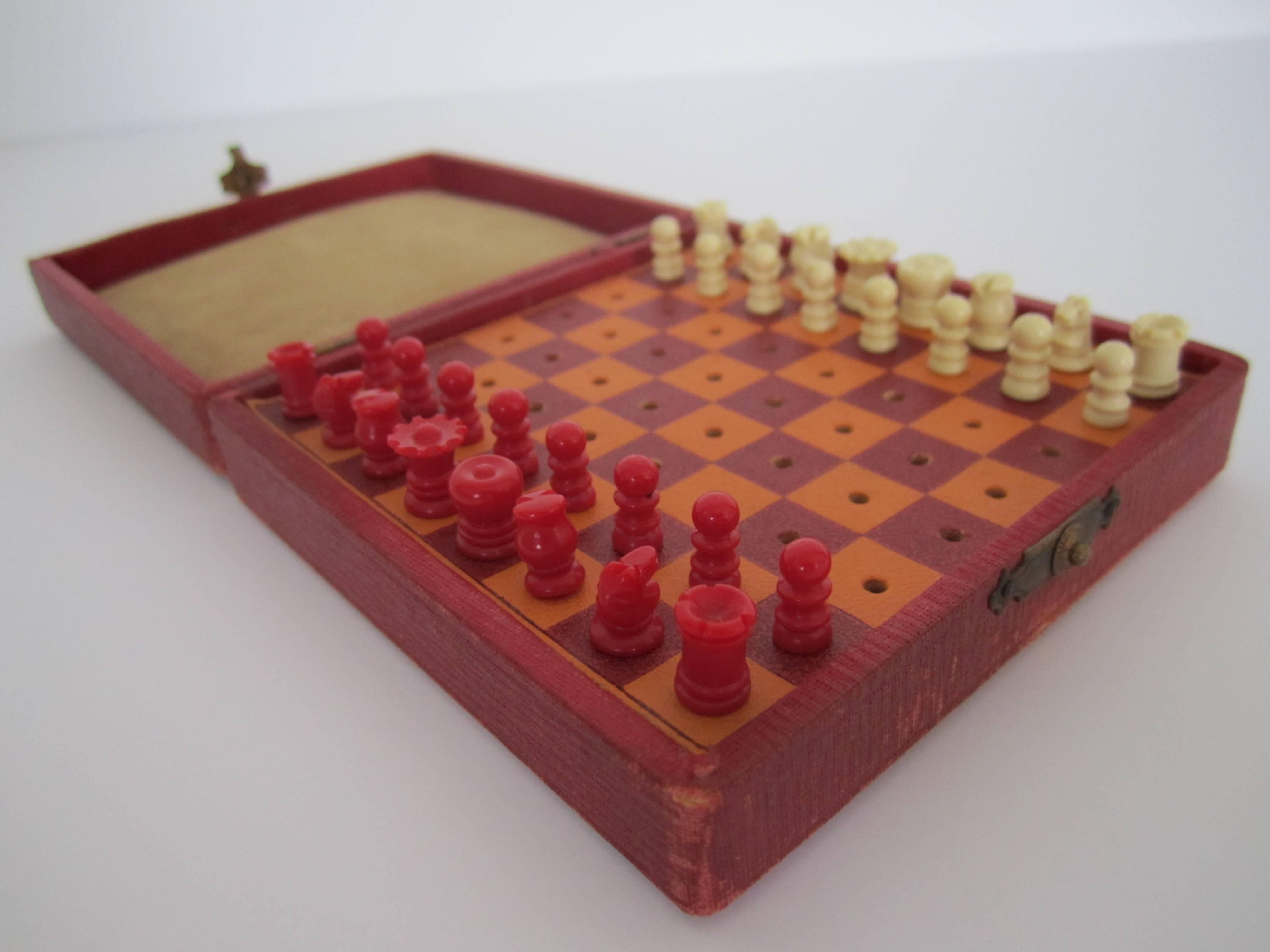 Mini Red Travel Chess Game Set, Circa 1920s 3
