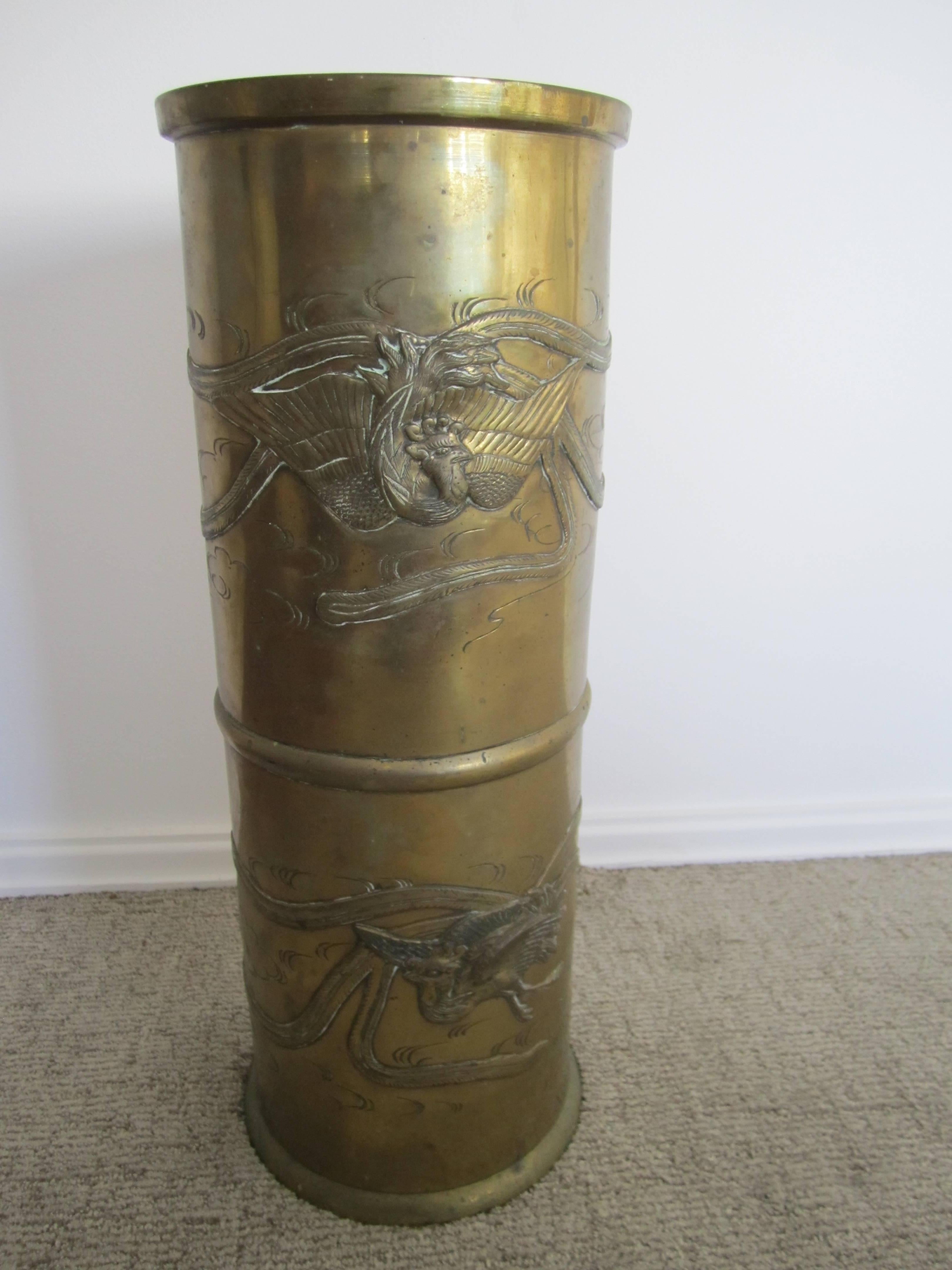 Chinese Substantial Brass Umbrella Stand with Embossed Decorative Detailing