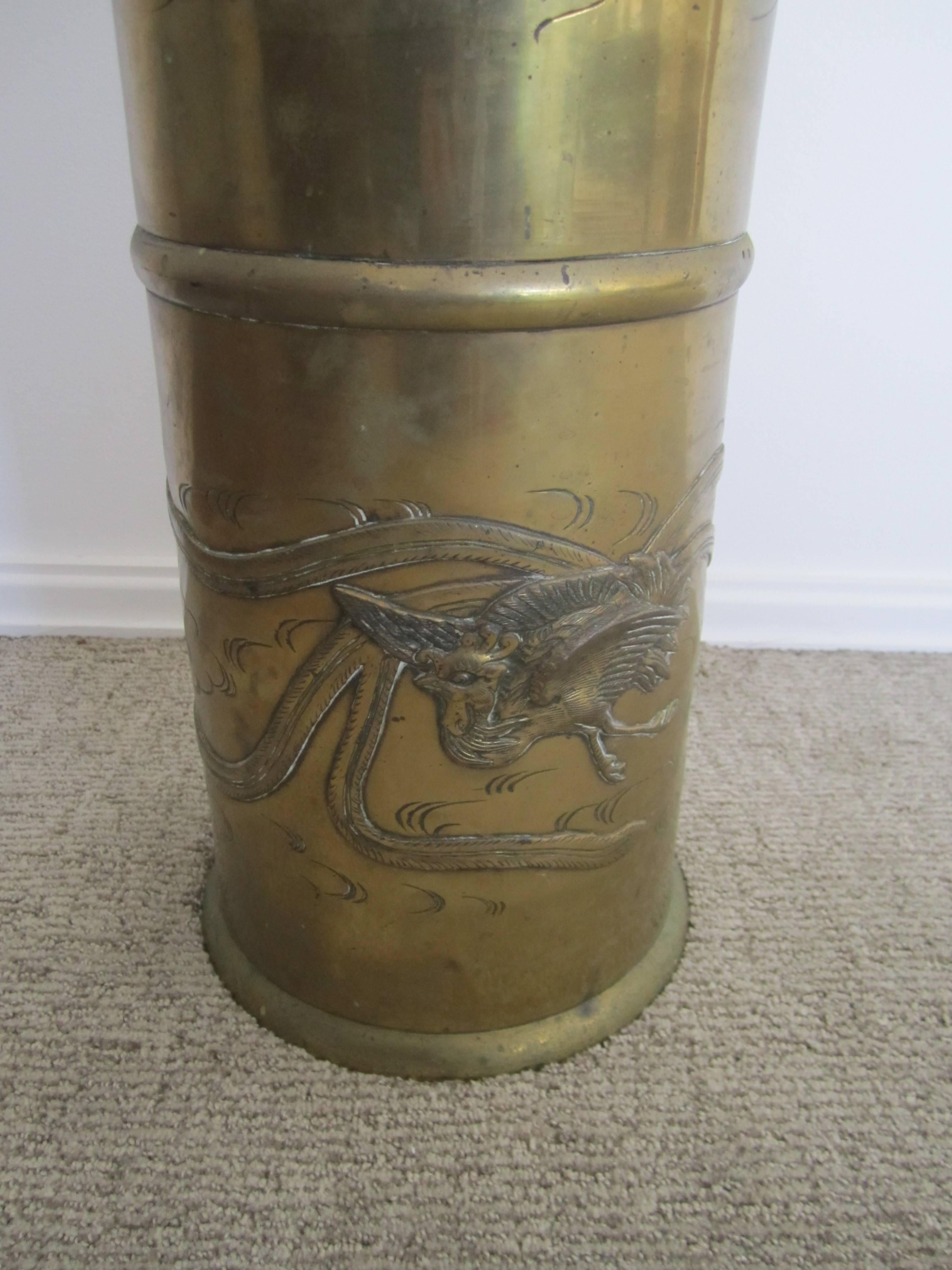 Substantial Brass Umbrella Stand with Embossed Decorative Detailing In Good Condition In New York, NY