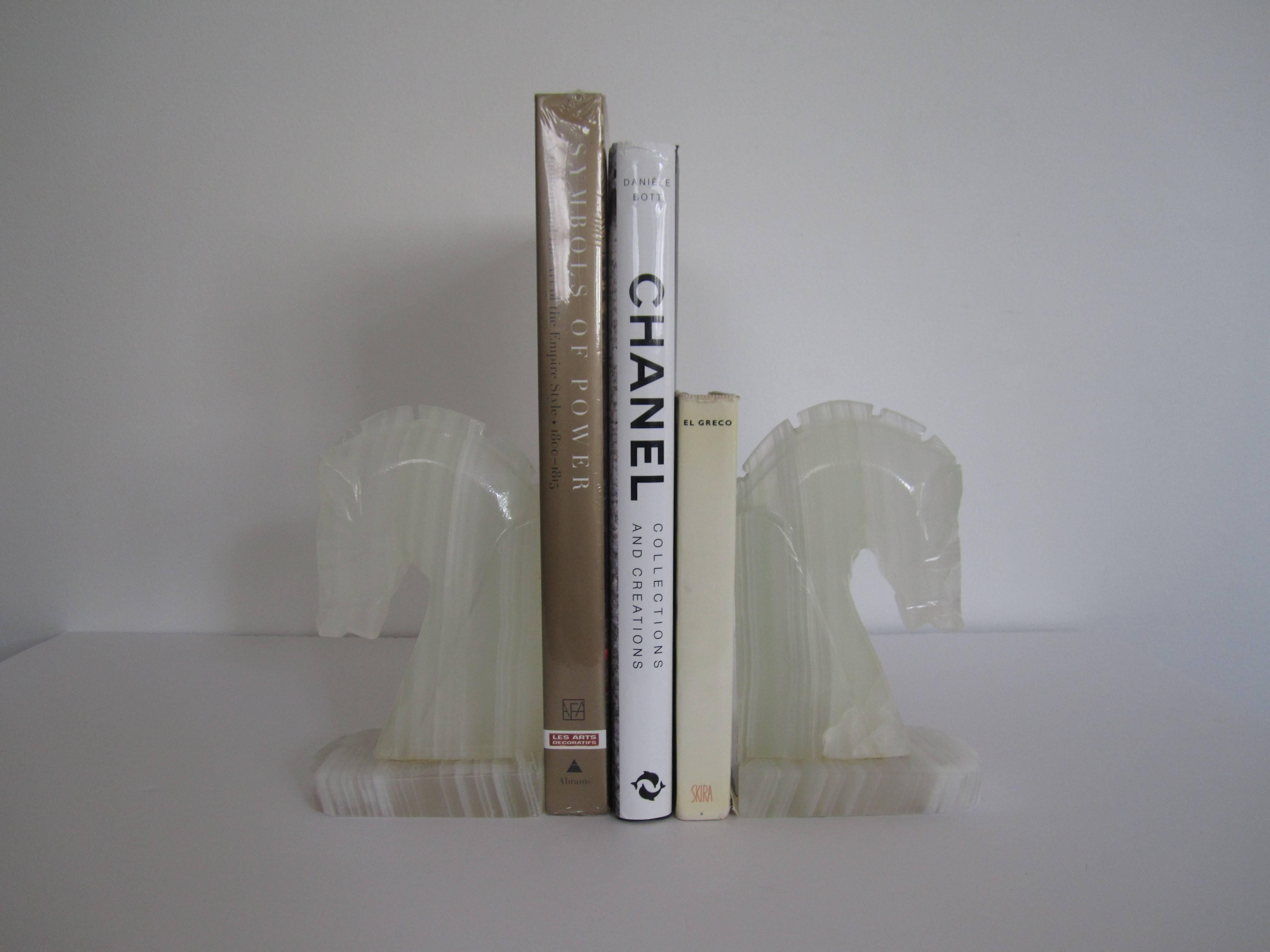 Art Deco Vintage Pair of White Onyx Horse Bookends, 1970s