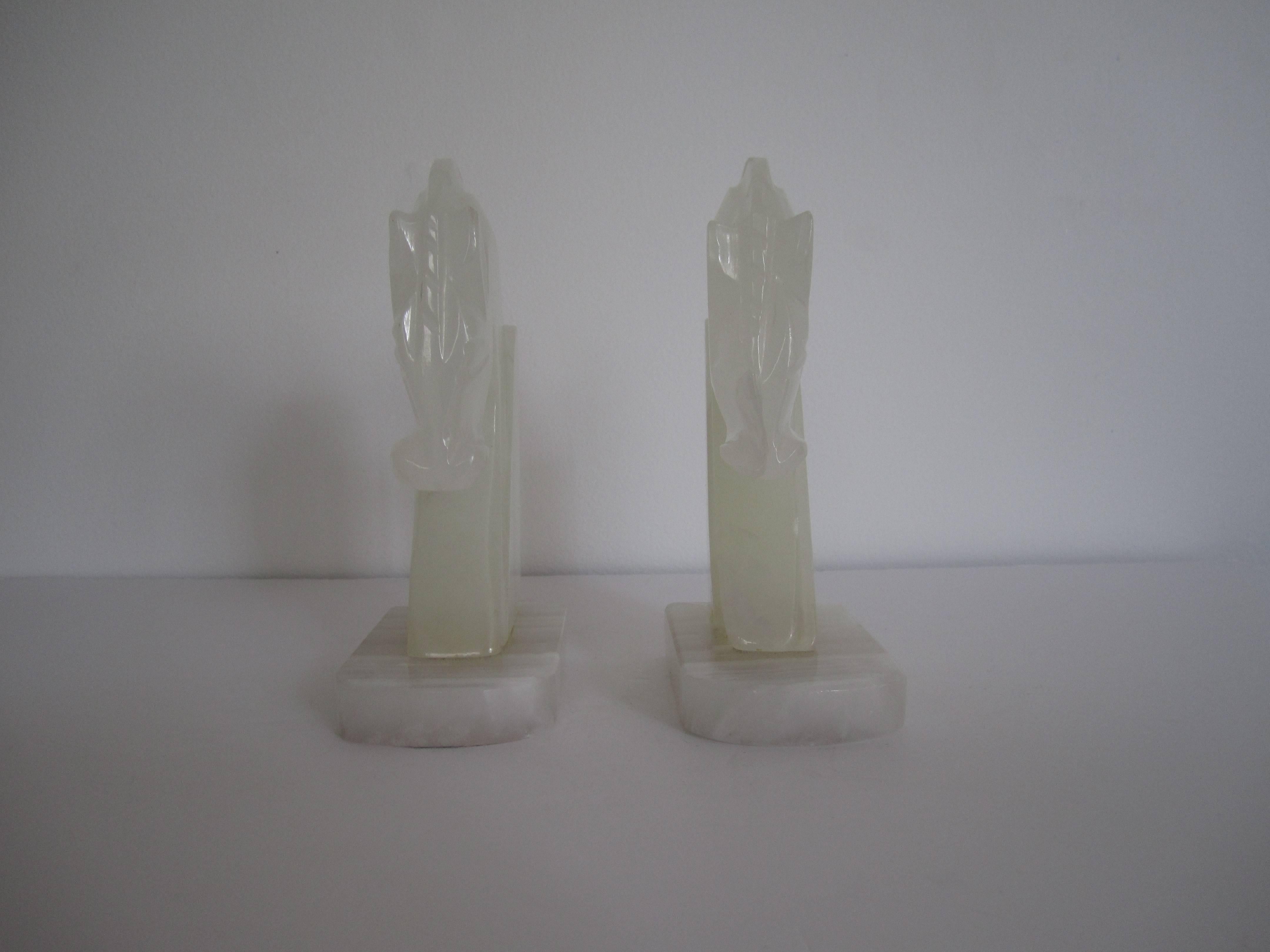 Carved Vintage Pair of White Onyx Horse Bookends, 1970s