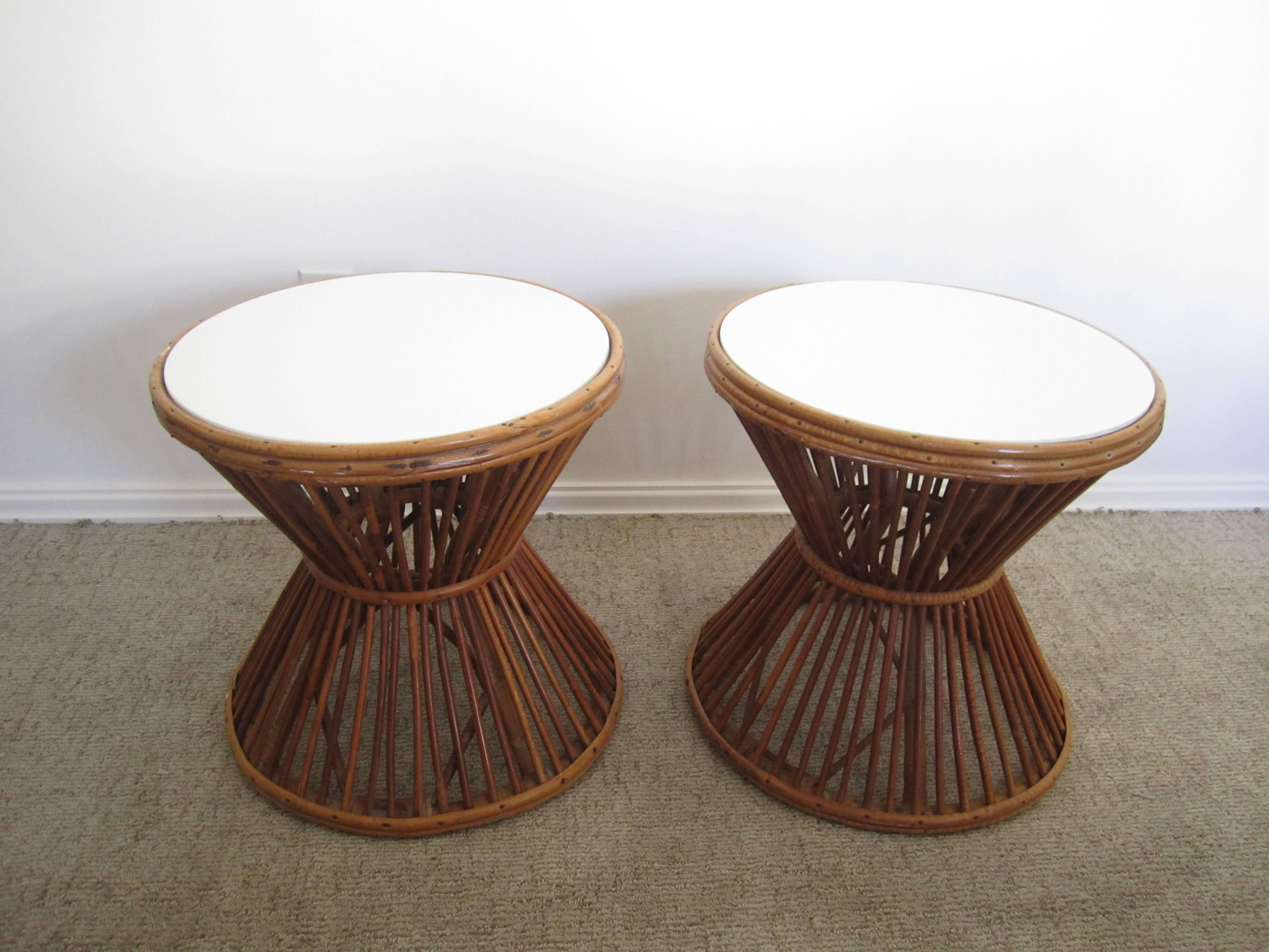 European Vintage Franco Albini Style Rattan End or Side Tables with Opaque Tops