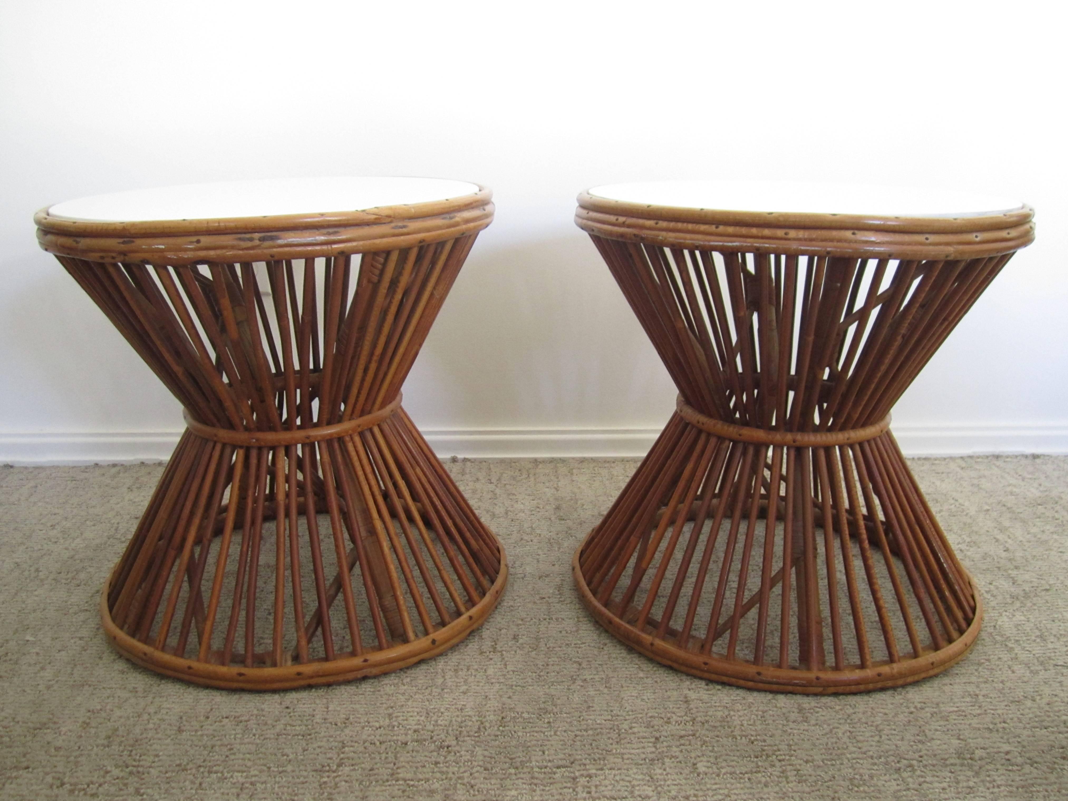 Vintage Franco Albini Style Rattan End or Side Tables with Opaque Tops In Excellent Condition In New York, NY