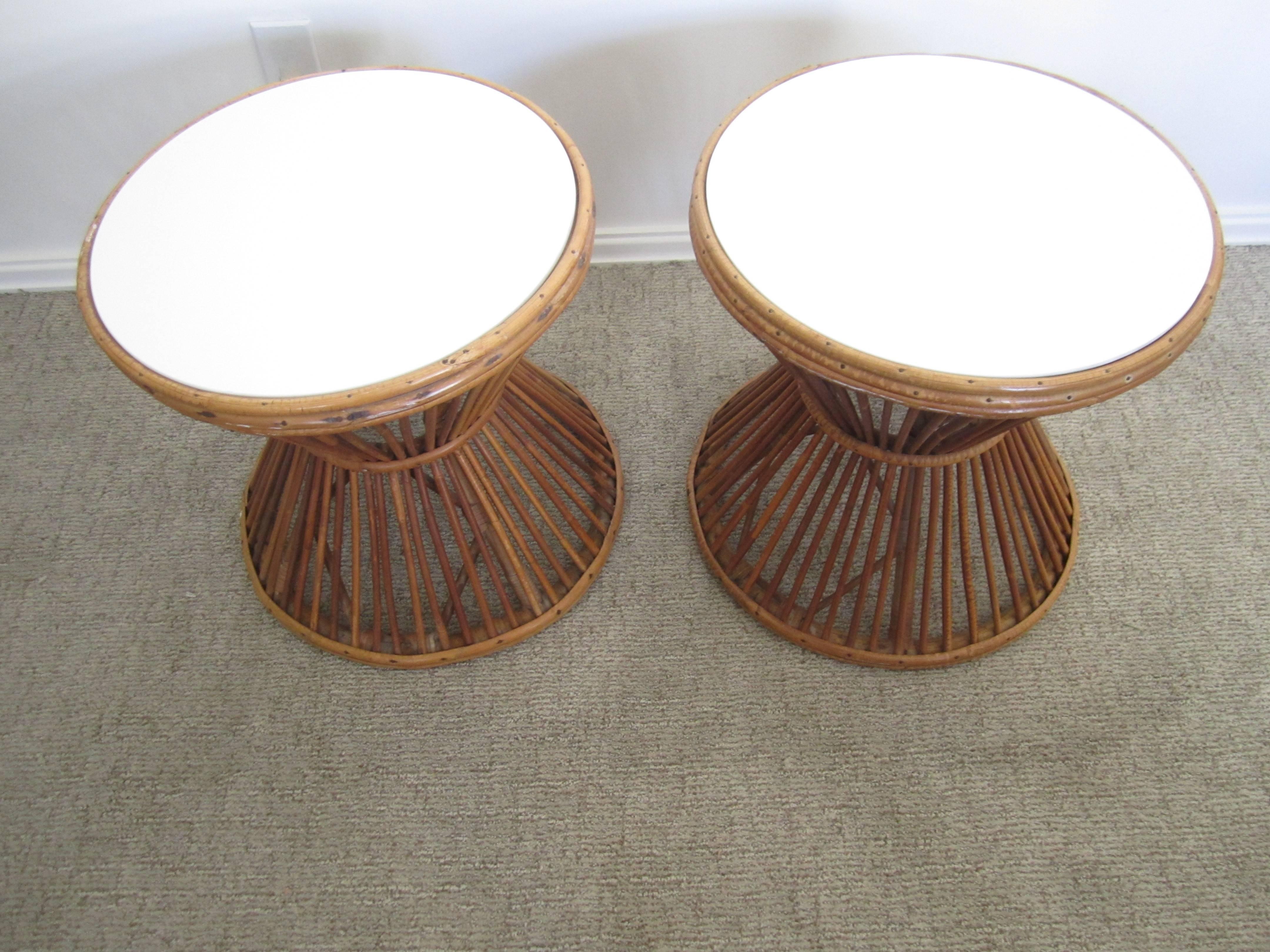 Late 20th Century Vintage Franco Albini Style Rattan End or Side Tables with Opaque Tops