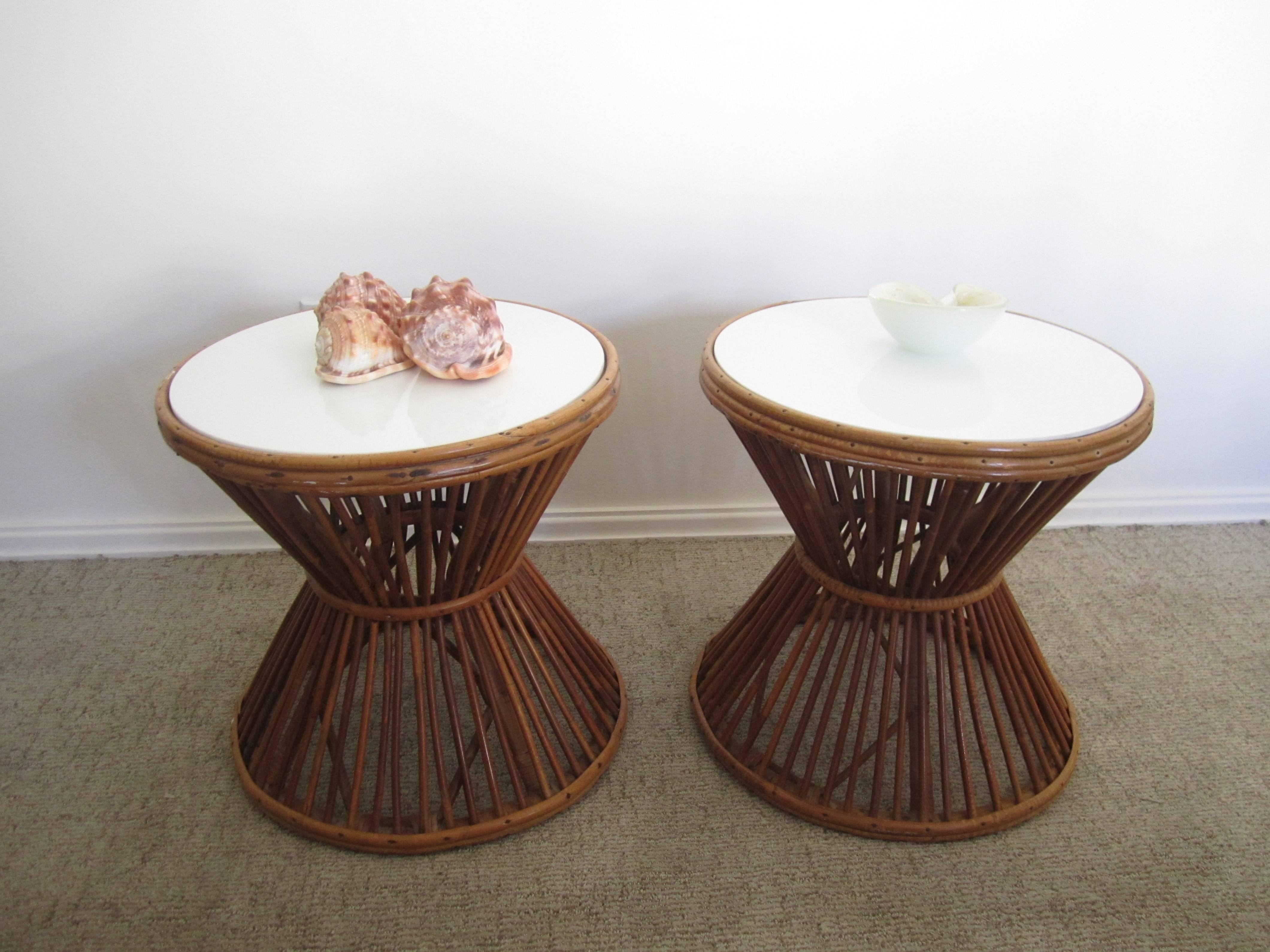 Glass Vintage Franco Albini Style Rattan End or Side Tables with Opaque Tops