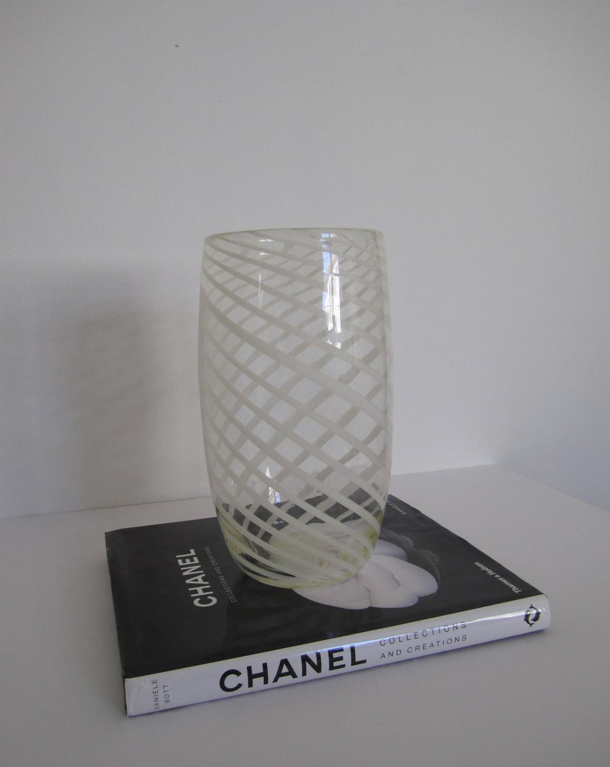 Clear Art Glass Vase with White Ribbon Design in the Style of Barovier