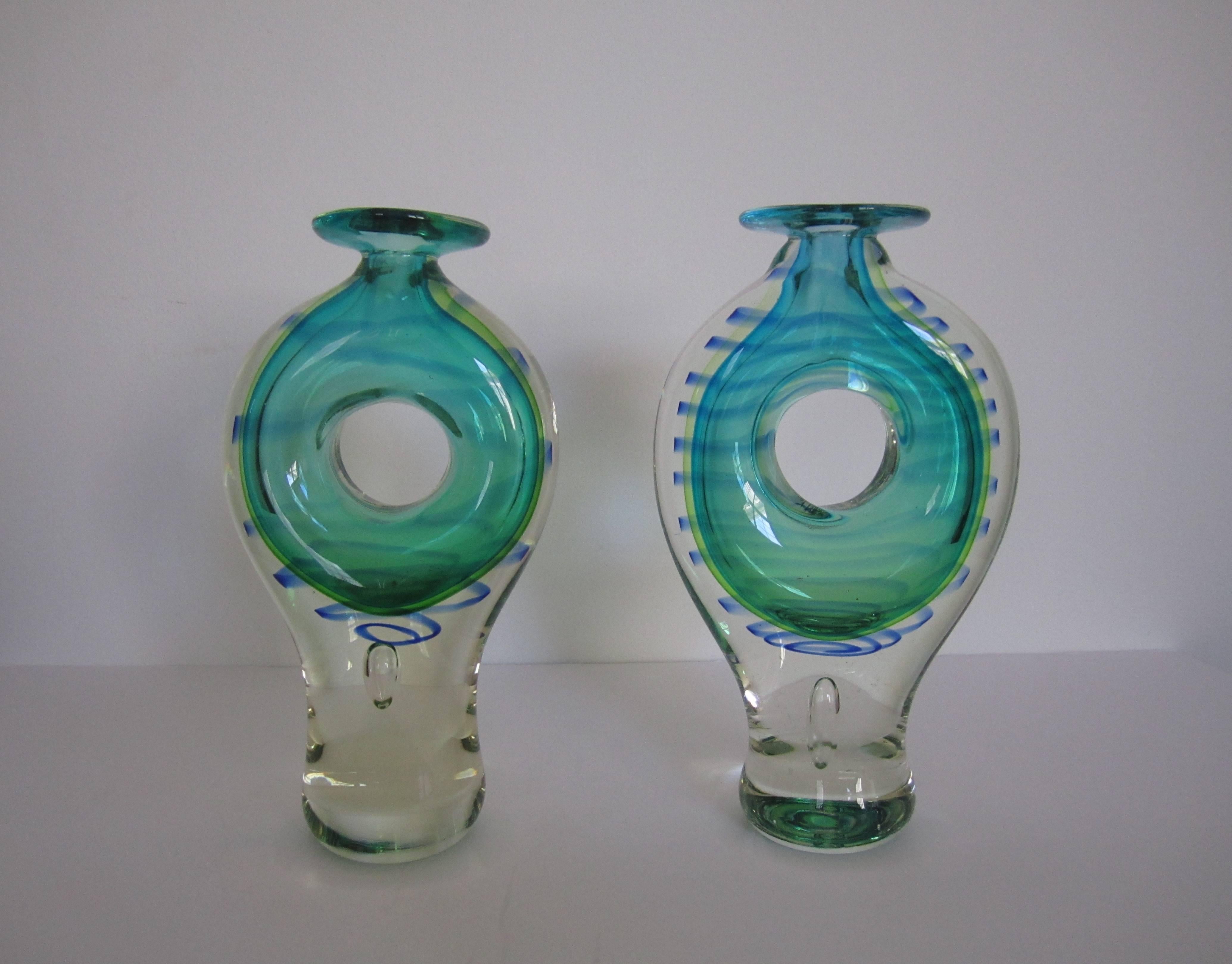 Post-Modern Pair of Modern Blue and Green Art Glass Vessels or Vases