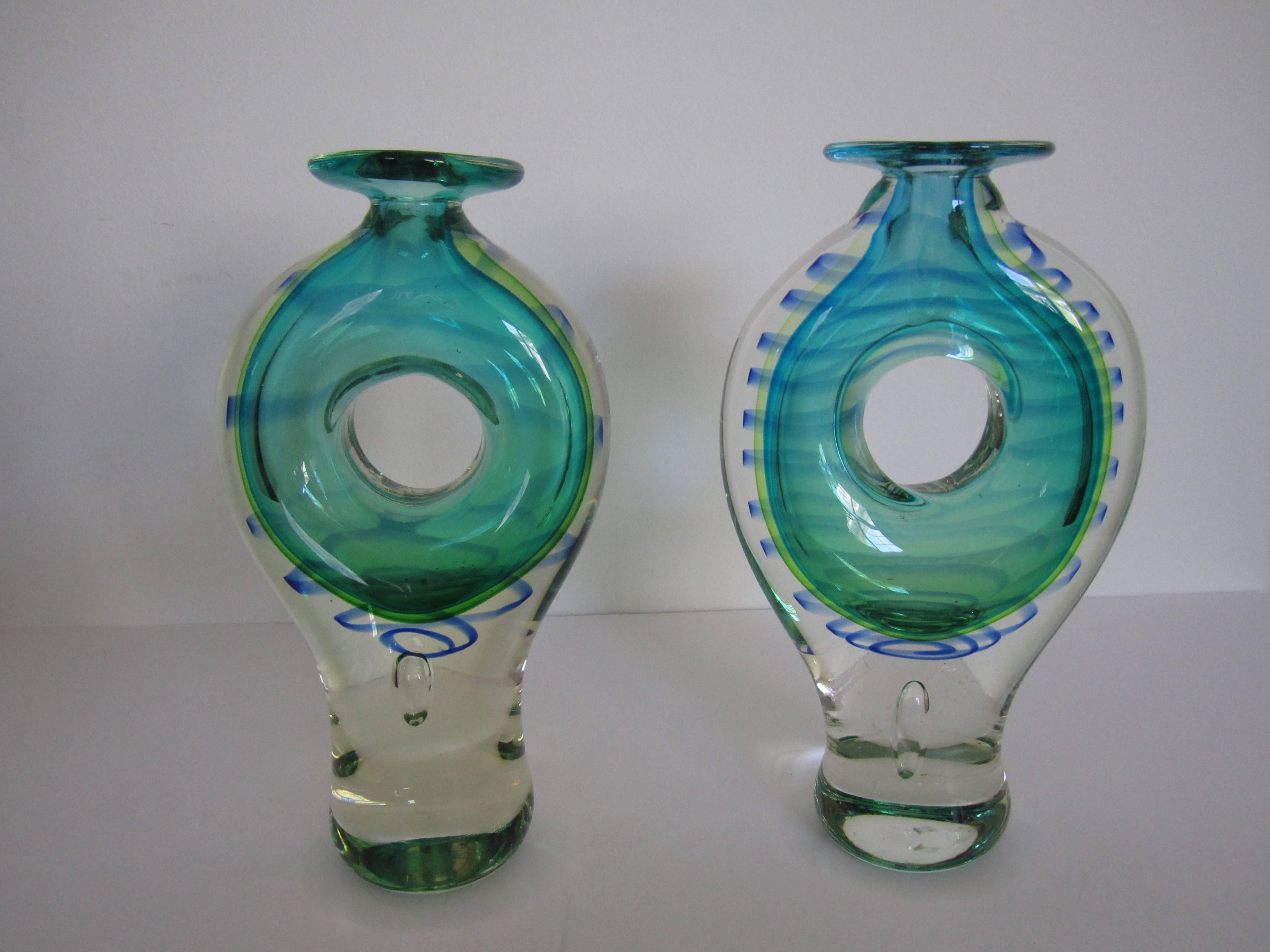 Unknown Pair of Modern Blue and Green Art Glass Vessels or Vases