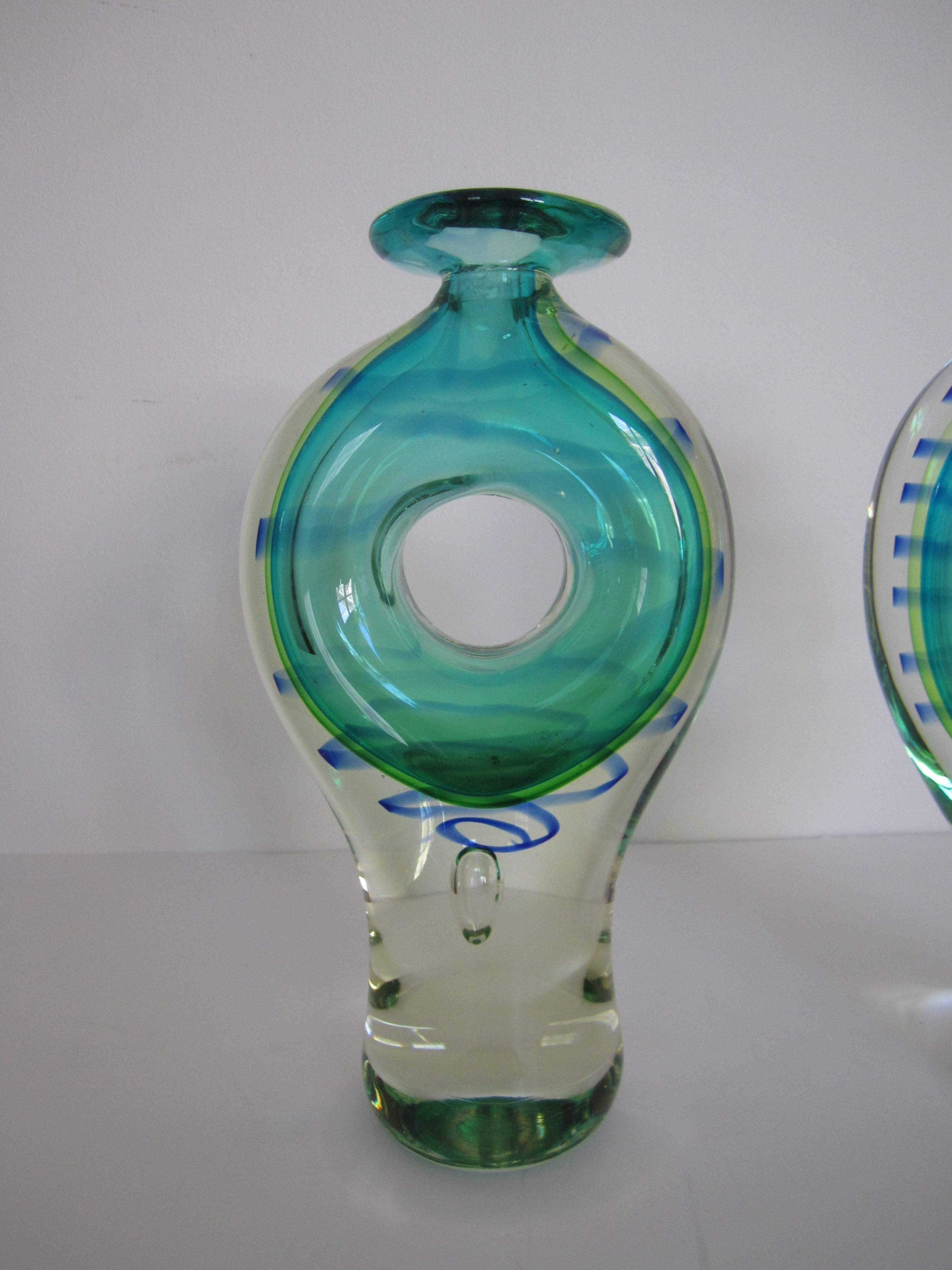 Pair of Modern Blue and Green Art Glass Vessels or Vases In Excellent Condition In New York, NY