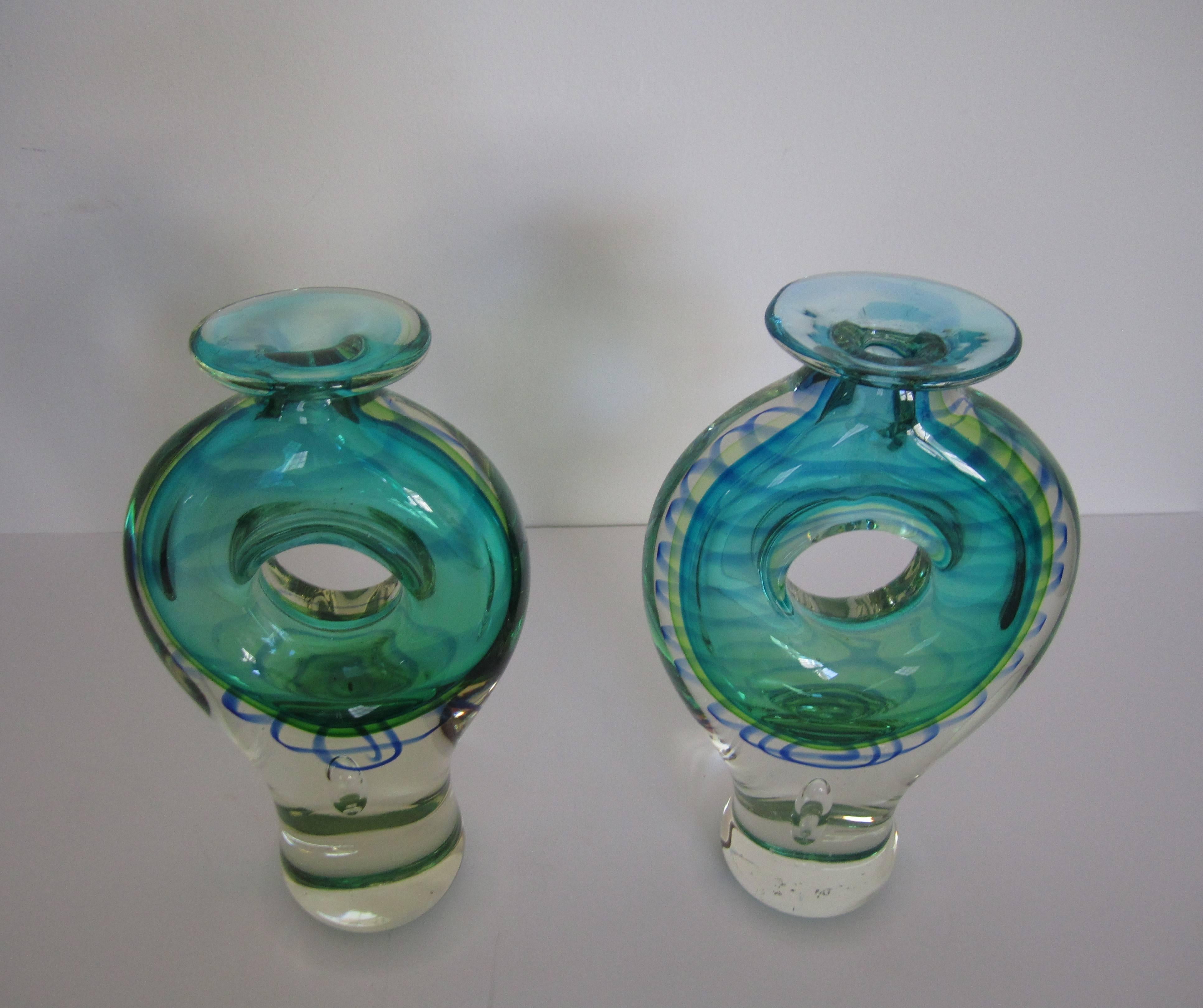 Pair of Modern Blue and Green Art Glass Vessels or Vases 1