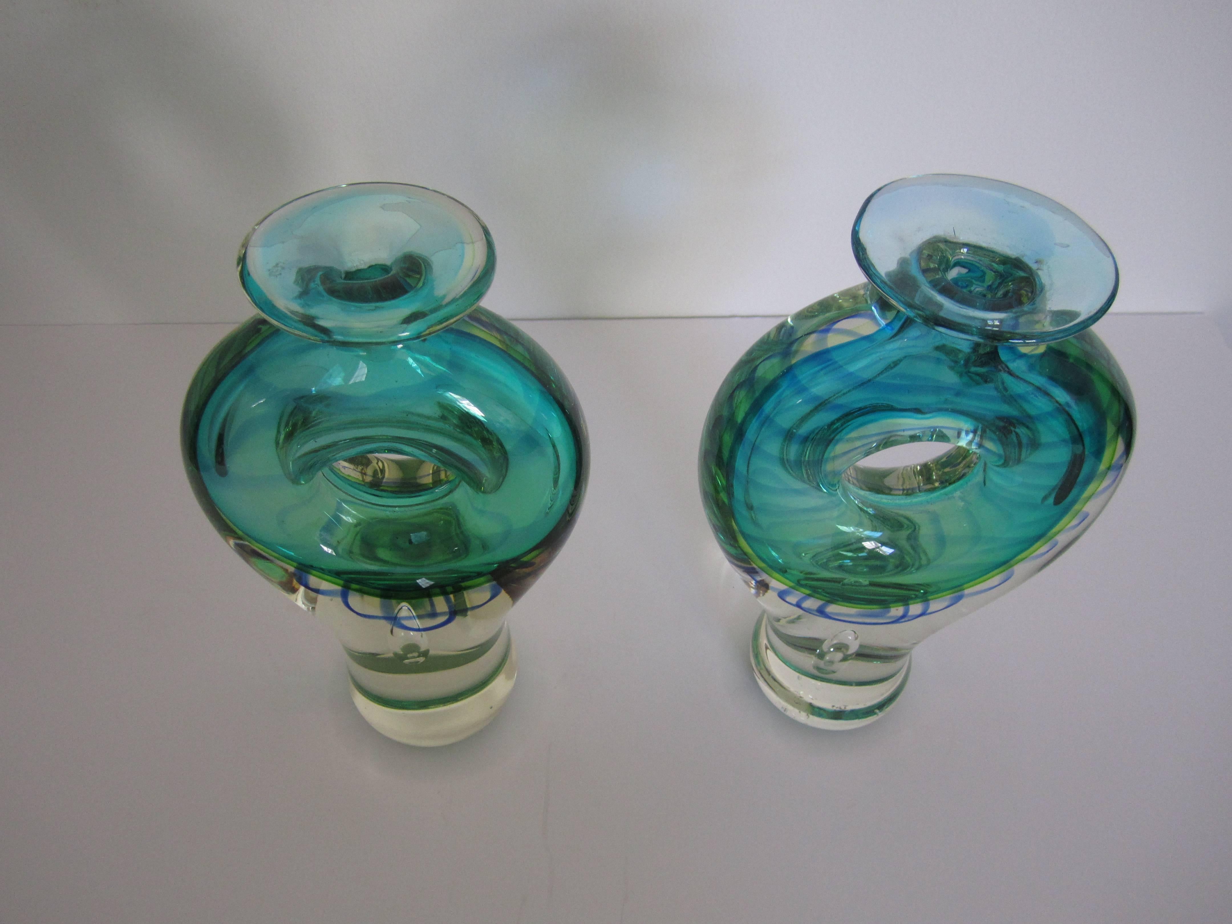 Pair of Modern Blue and Green Art Glass Vessels or Vases 3