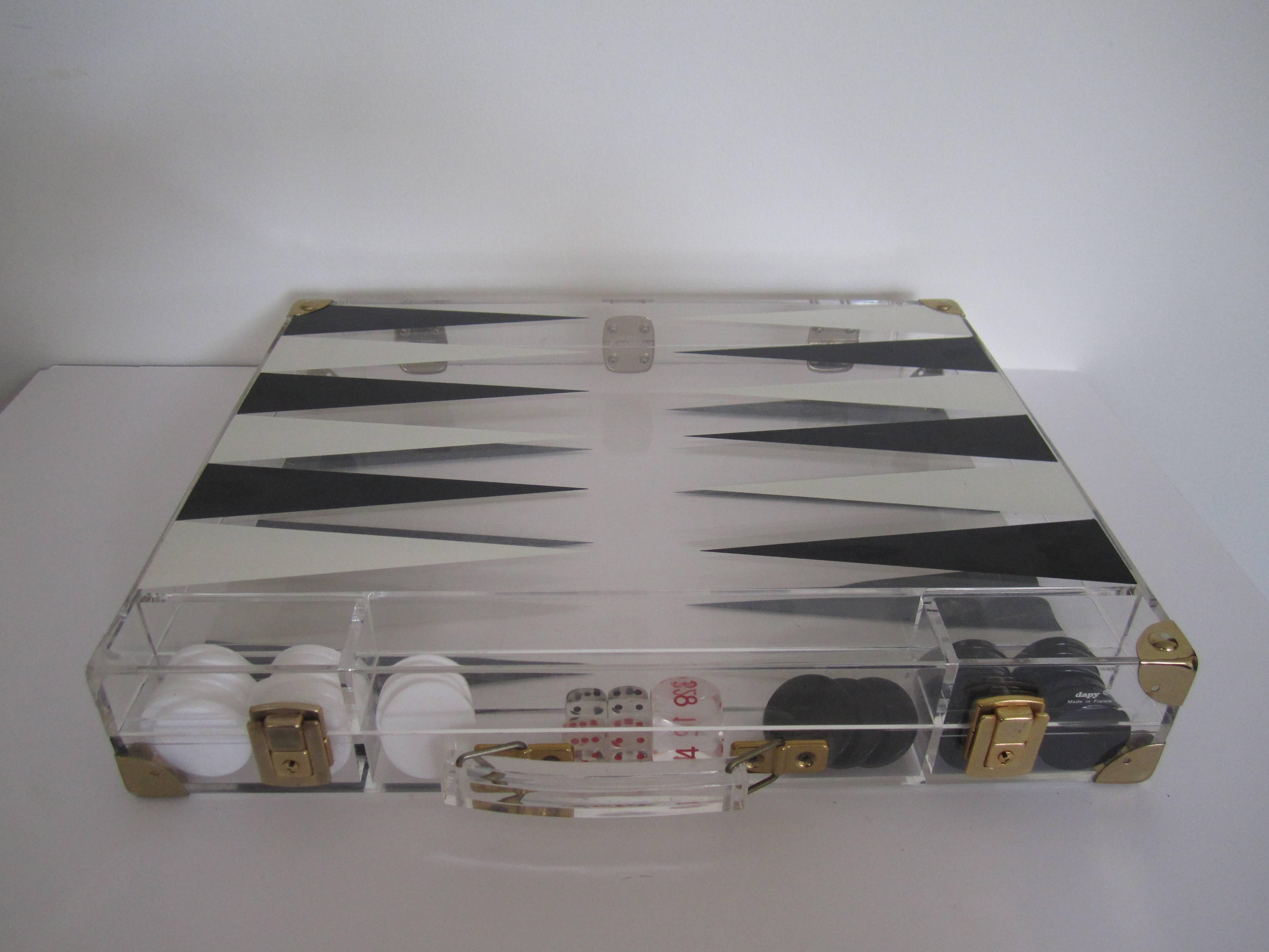 French Vintage Lucite Black and White Backgammon Game Set, France 1970s