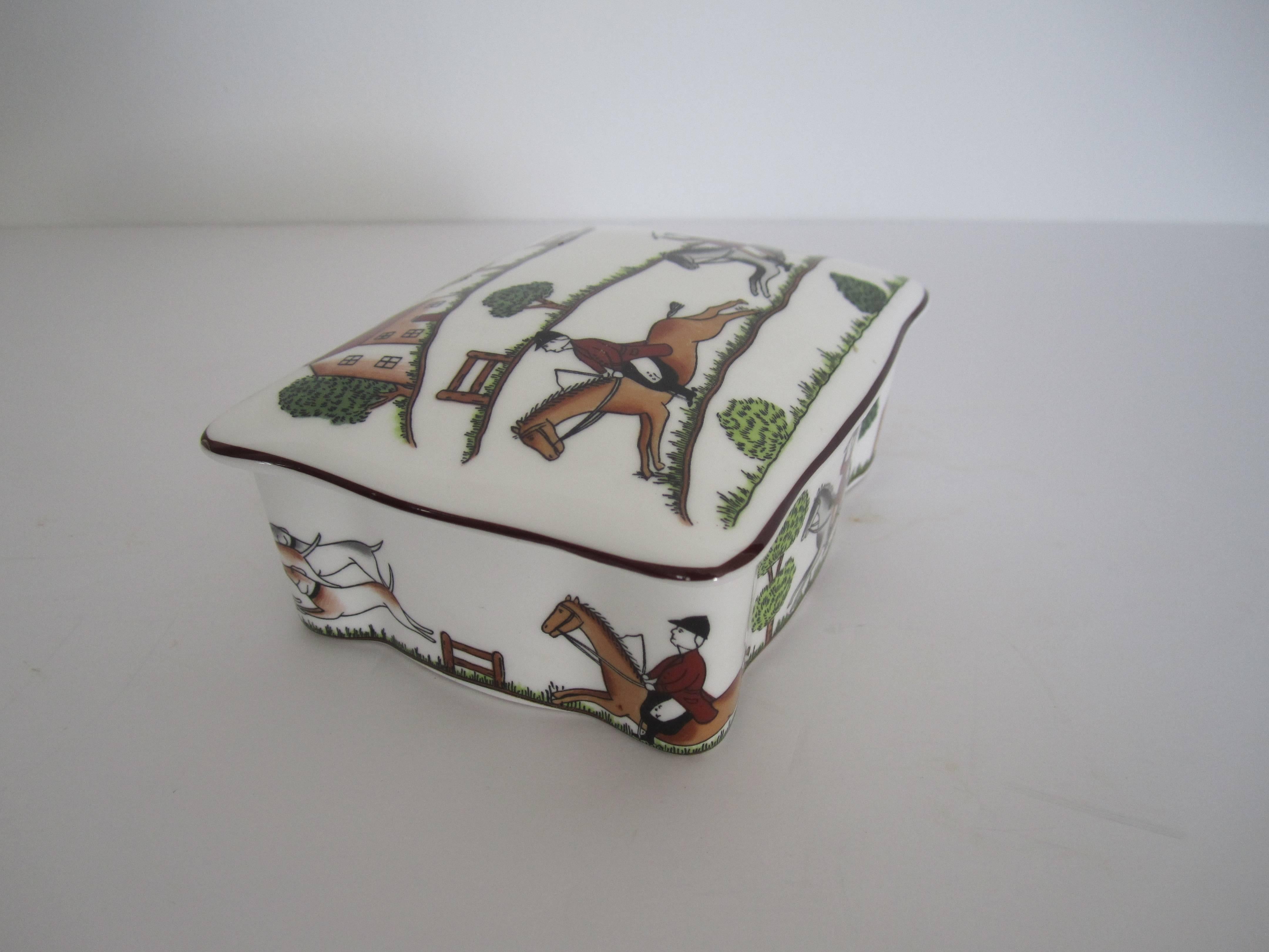 Porcelain Equestrian Horse Hunting Scene Box in the Style of Hermès