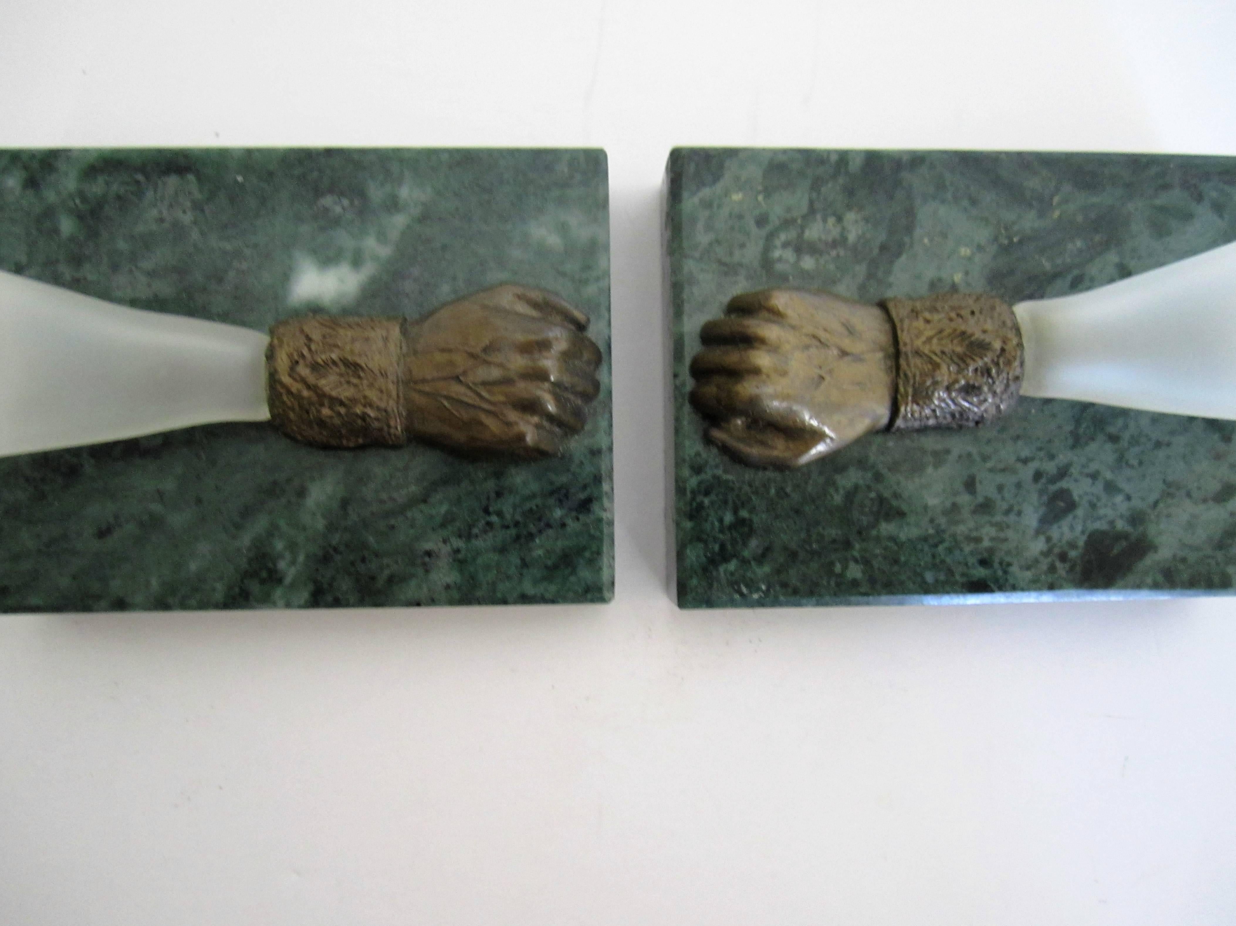Bronze Fists White Glass and Dark Green Marble Vases, Pair For Sale 11