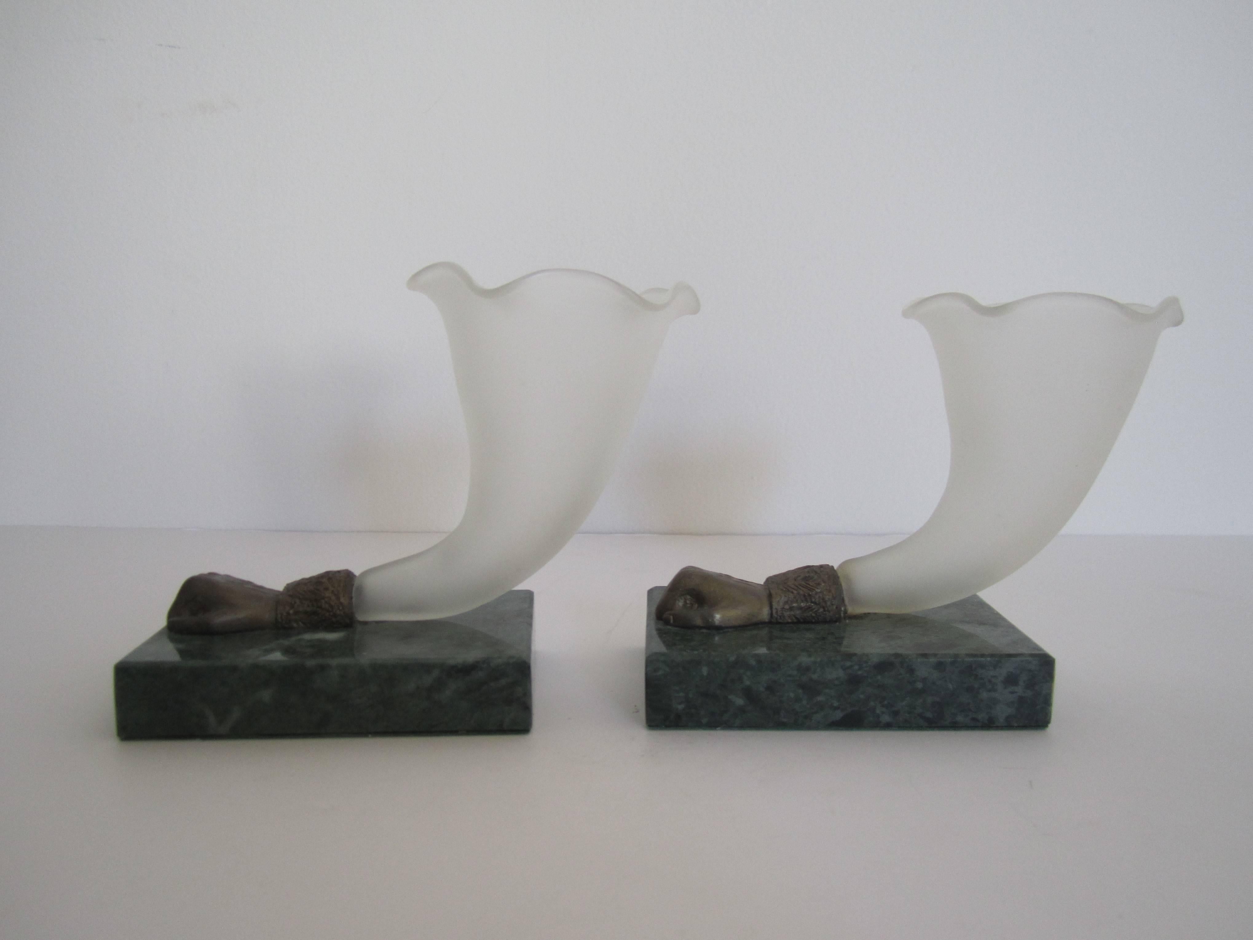 Bronze Fists White Glass and Dark Green Marble Vases, Pair For Sale 12