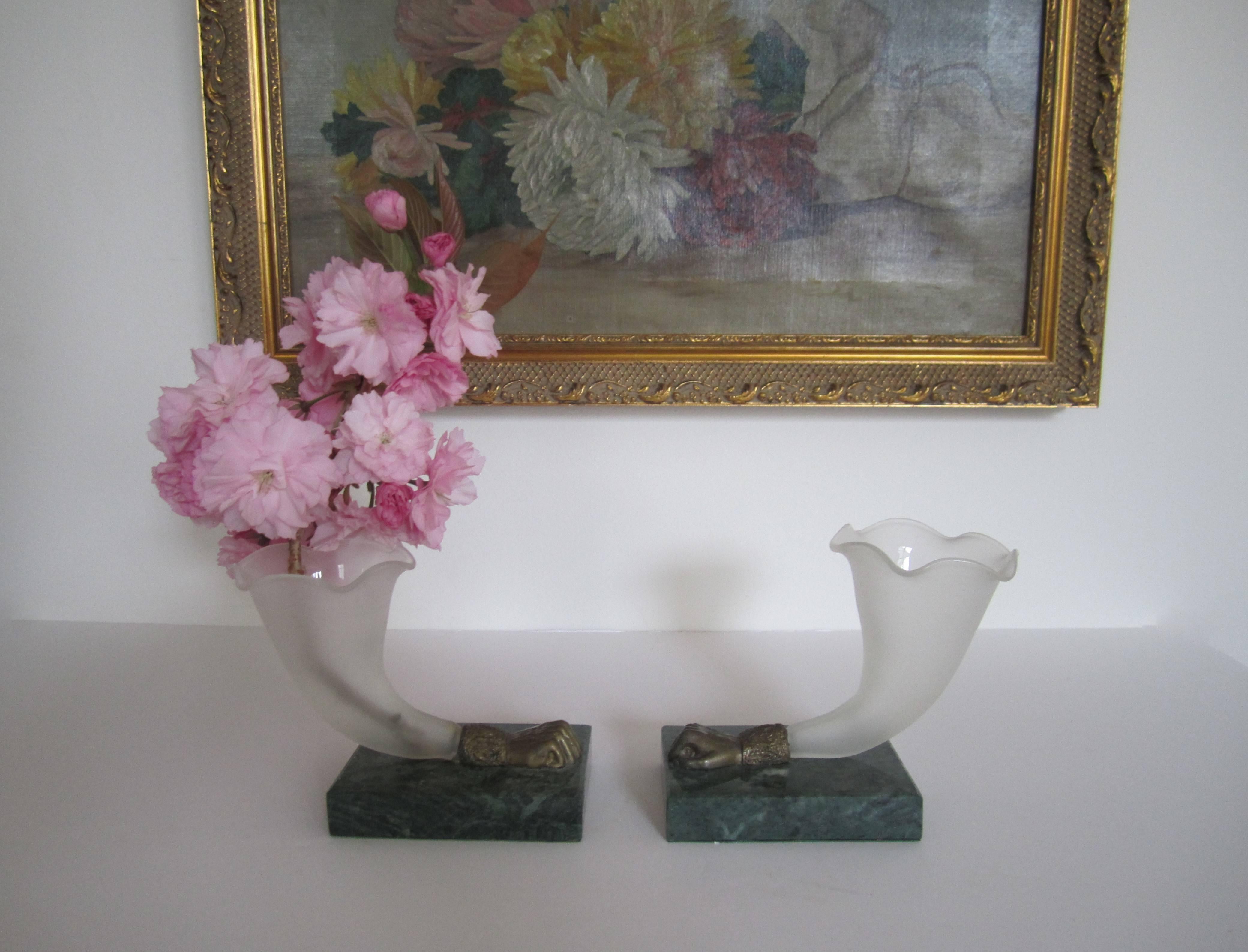 A very beautiful pair of European Continental style rhyton cornucopian trumpet form sculpture vases, circa 20th century, Europe. Set is matte white art glass, bronze, and dark green marble. Each have a white blown glass vase with scalloped rim,